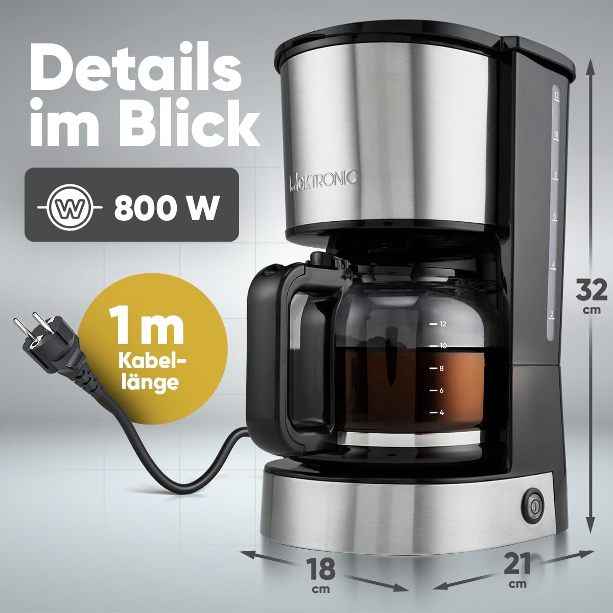 Kaffee-Espressomaschine mit Clatronic®-Filter | für 12-14 Tassen | Kaffee-Espressomaschine mit Filter | Edelstahlgehäuse | Anti-Tropf | Espresso | Kaffee-Espressomaschine mit Filter | 800W | KA 3808