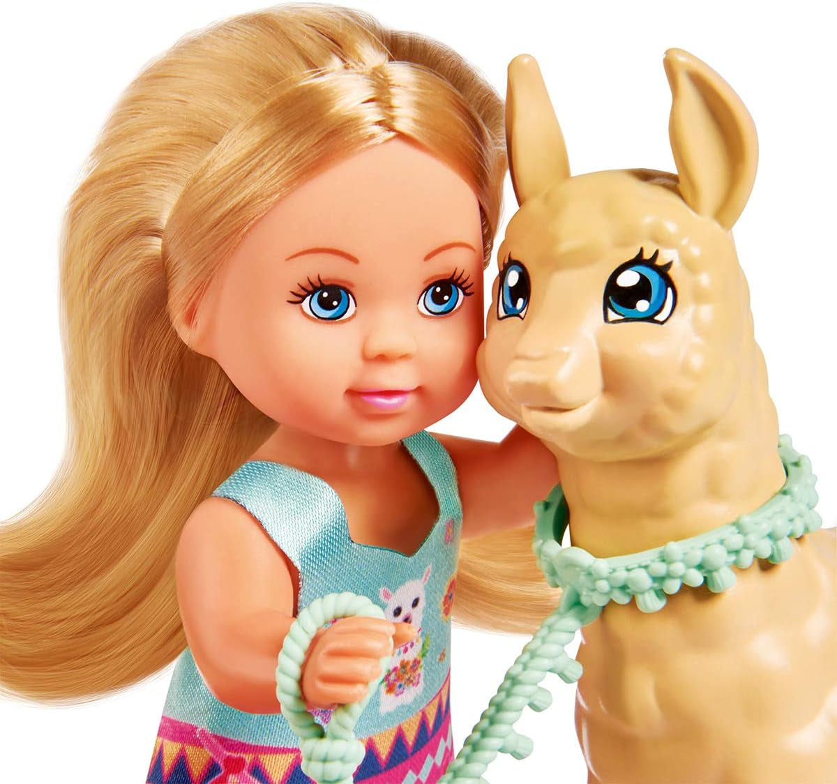 Simba 105733497 – Liebespuppe Evi im süßen Alpaka-Outfit und Leine, 12 cm, für Kinder ab 3 Jahren