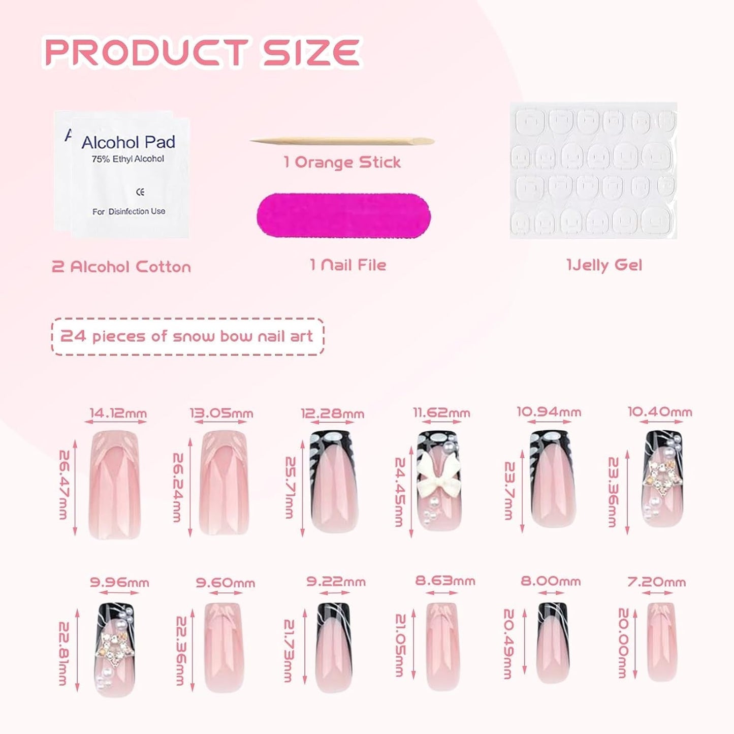 24 Stück mittellange 3D-Kunstnägel mit Strass, rosa, quadratisch, Perle, Glitzer, für Frauen und Mädchen