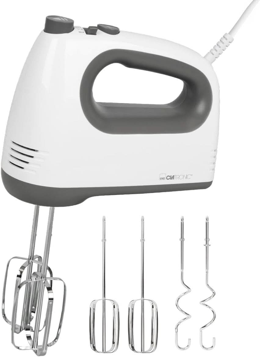 Clatronic Mixer | Kraftvoller 400 Watt-Motor | Handmixer | Turbostufe & 5 Geschwindigkeitsstufen | Handmixer | Spülmaschinengeeignete Edelstahlquirle und -Knethaken | HM 3775 Küche Naty Shop Weiß-Grau 400 Watt