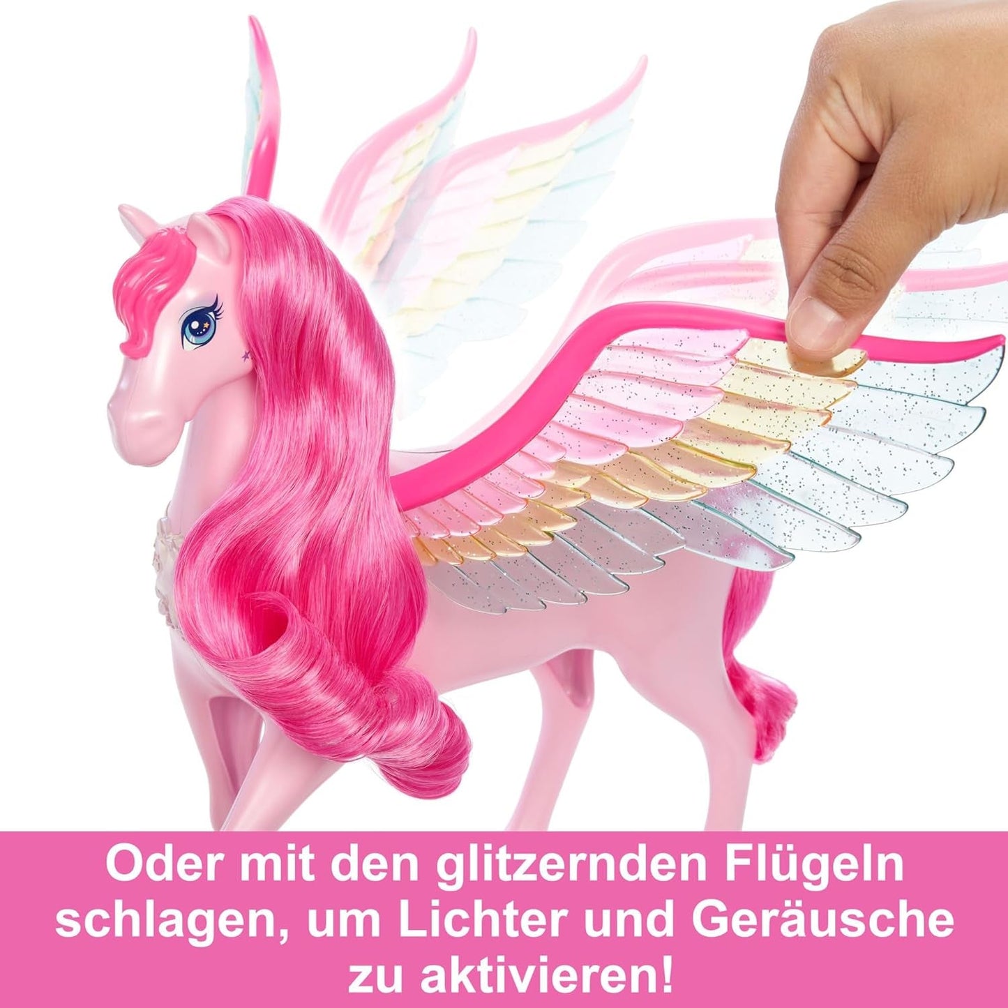 Barbie Pegasus Magic Hide and Seek – Interaktives Spielzeug mit Lichtern und Geräuschen, 10 Zubehörteilen, Regenbogenflügeln, für Kinder ab 3 Jahren, HLC41