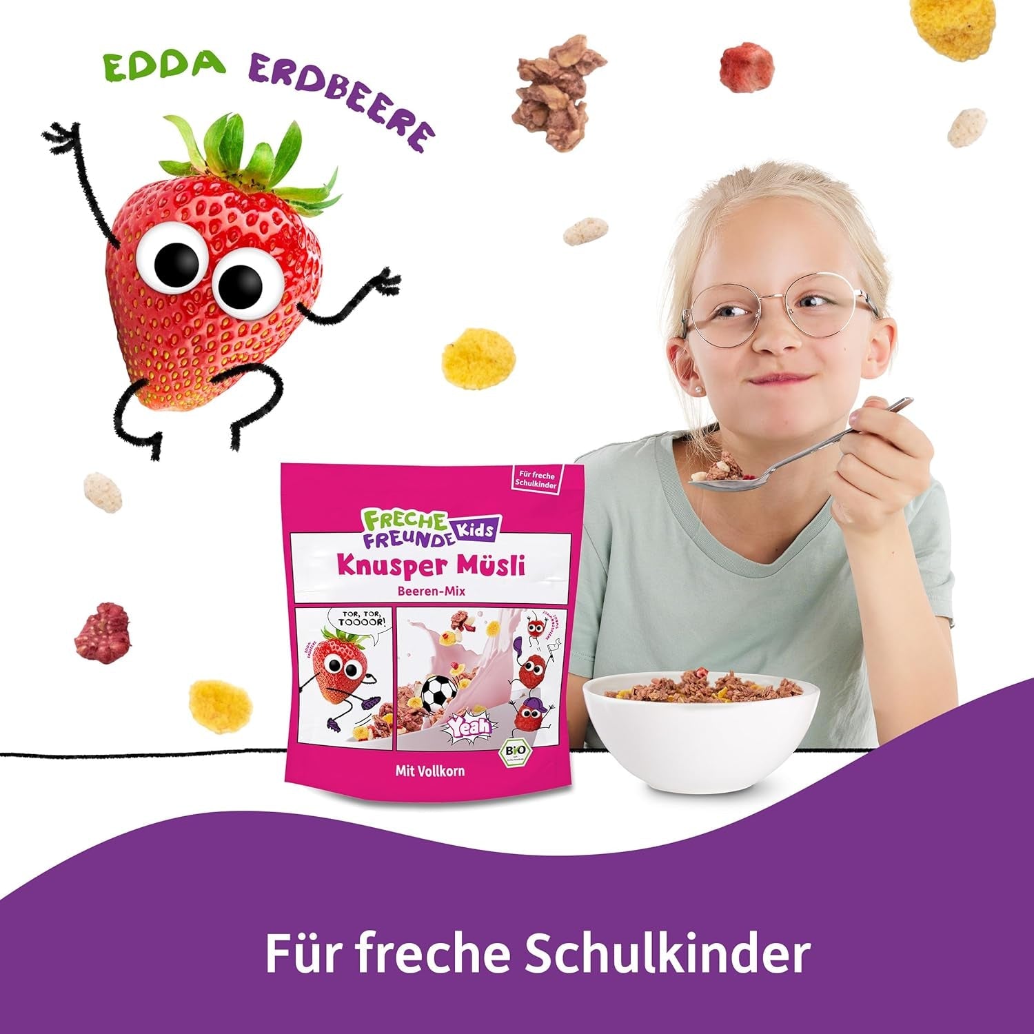 FRECHE FREUNDE Bio-Frühstücksmüsli Edda's Beeren-Knusper-Müsli-Mischung für Schulkinder mit gefriergetrockneten Erdbeeren, vegan, 6er-Pack (6 x 280 g)