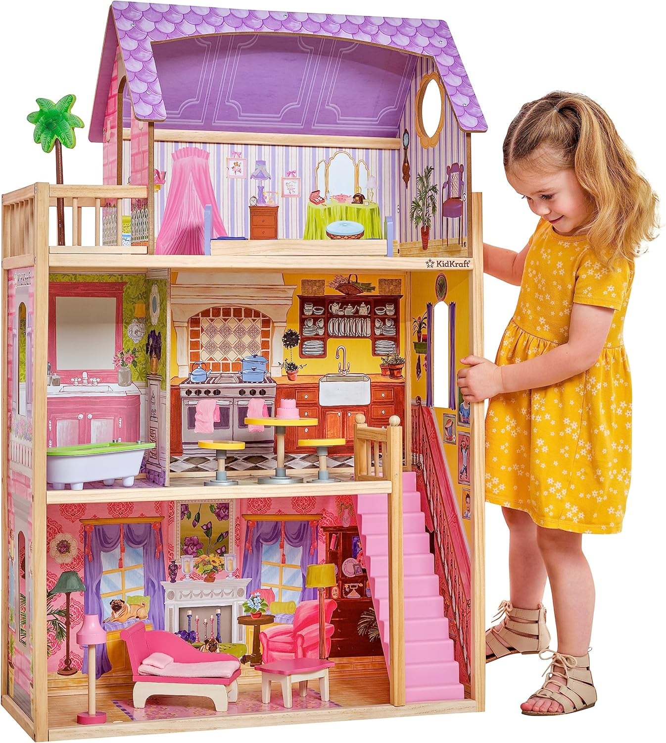 KidKraft Kayla Holzpuppenhaus mit Möbeln und Zubehör, 3-stöckiges Spielset für 30-cm-Puppe, Spielzeug für Kinder ab 3 Jahren, 65092 – Exklusiv bei Amazon