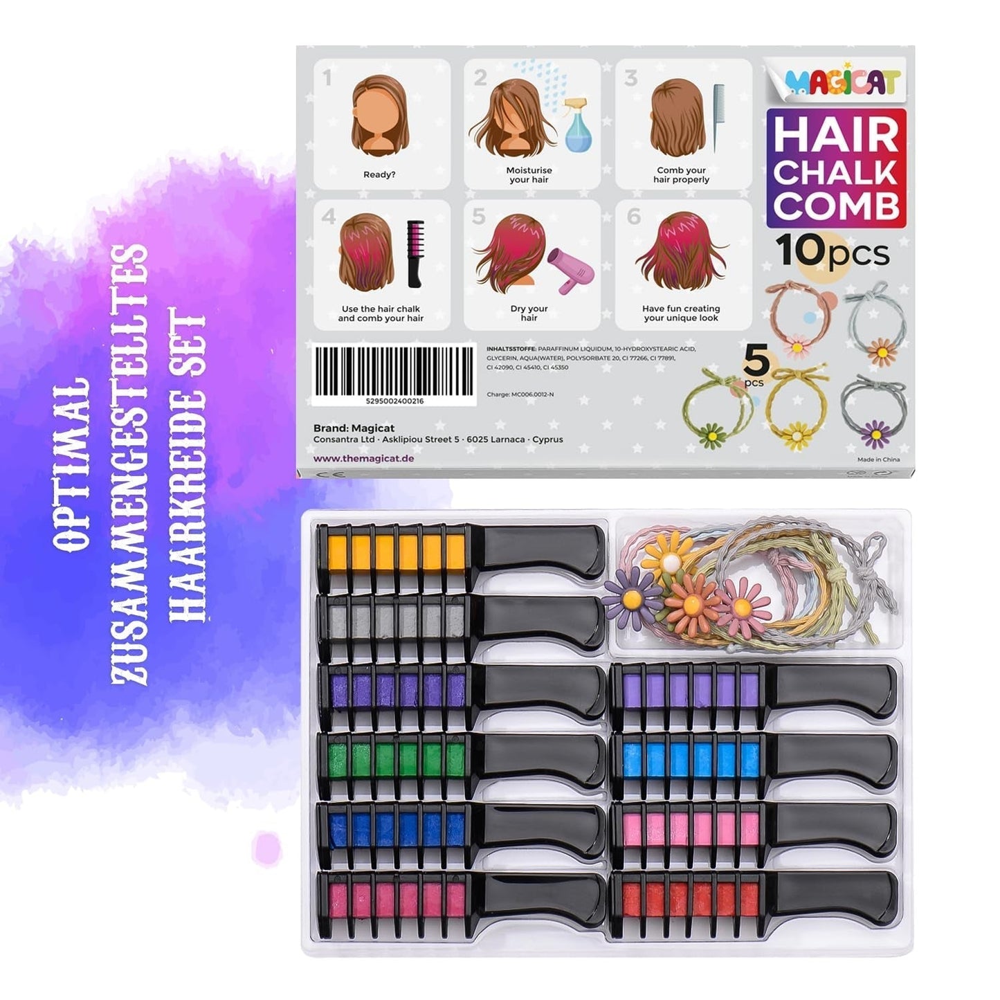 Magicat Haarkreide für Mädchen im Set I 10 auswaschbare Farben und 5 Haargummis I Geschenk für Mädchen von 4 bis 10 Jahren I Kreatives Geschenk für den Kindergeburtstag 2025 I Sichere und farbenfrohe Haarfarbe von Naty Shop
