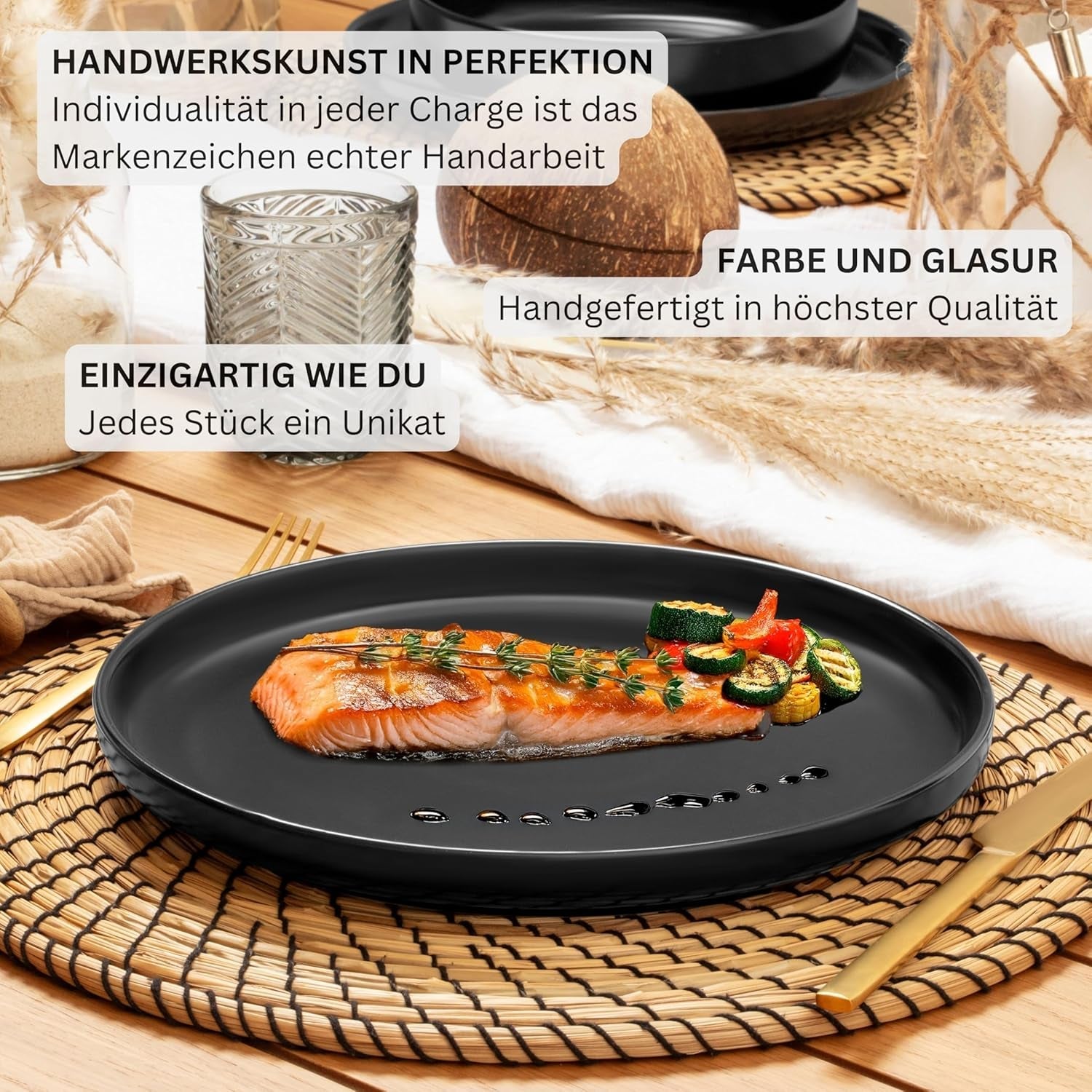 SÄNGER Madeira | 24-teiliges Kombi-Geschirrset, Steinzeug-Geschirrset für 6 Personen, 6 Speiseteller, 6 Frühstücksteller, 6 Speiseteller, 6 Nudelschalen, Geschirr- und Schüsselset, Mattschwarz | DIE VALUE-KOLLEKTION