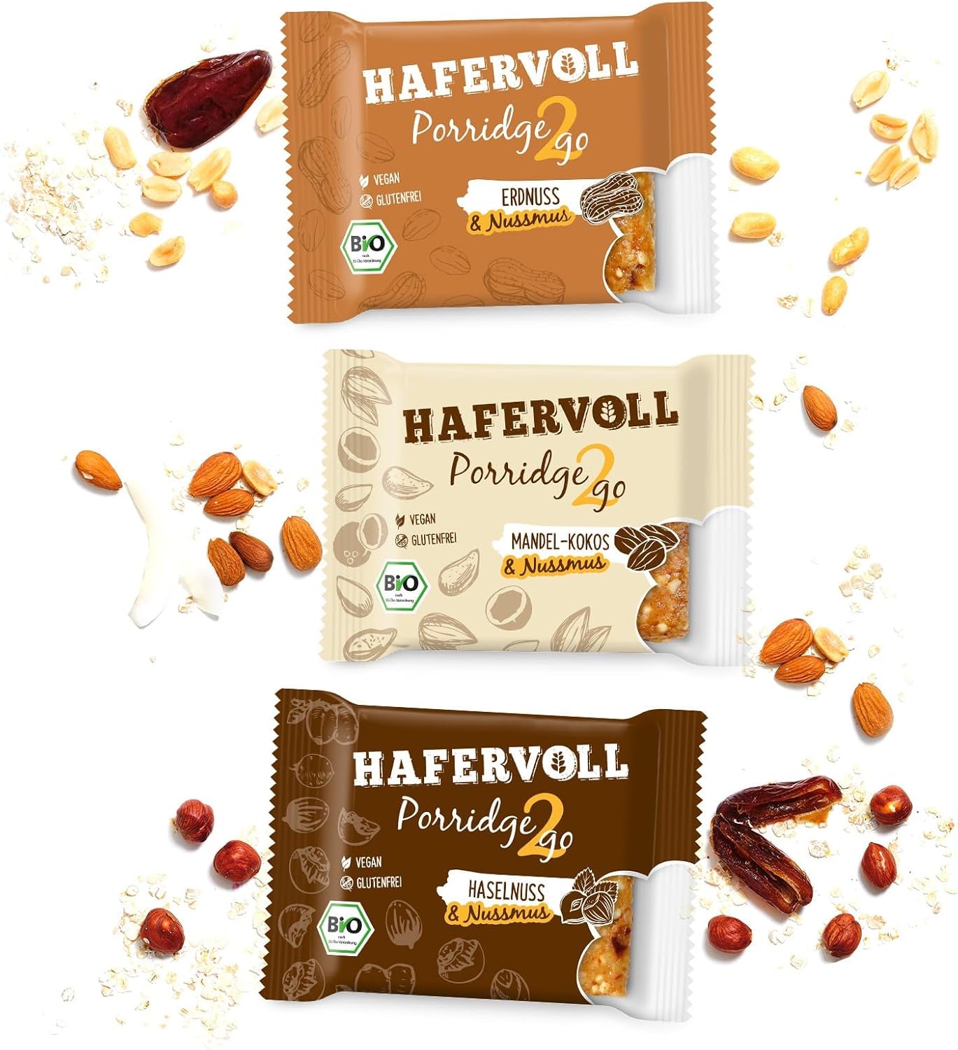 Hafervoll Porridge2go Erdnussbutter und Nüsse, 13 Riegel x 55 g – Vegan, Bio, Glutenfrei, Snack ohne Zuckerzusatz, mit Hafer, Datteln und Quinoa-Süßigkeit
