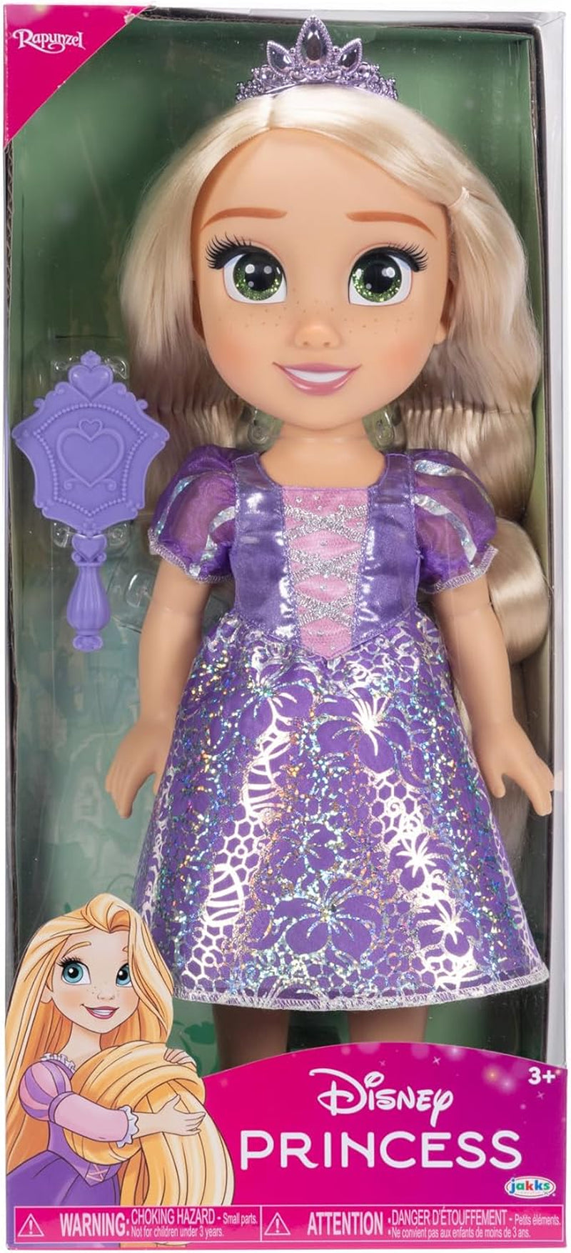Disney Princess Rapunzel 35 cm große Puppe, reflektierende Glitzeraugen, bewegliche Gelenke, abnehmbares Kleid, Schuhe, Krone, langes blondes Haar, für Mädchen ab 3 Jahren