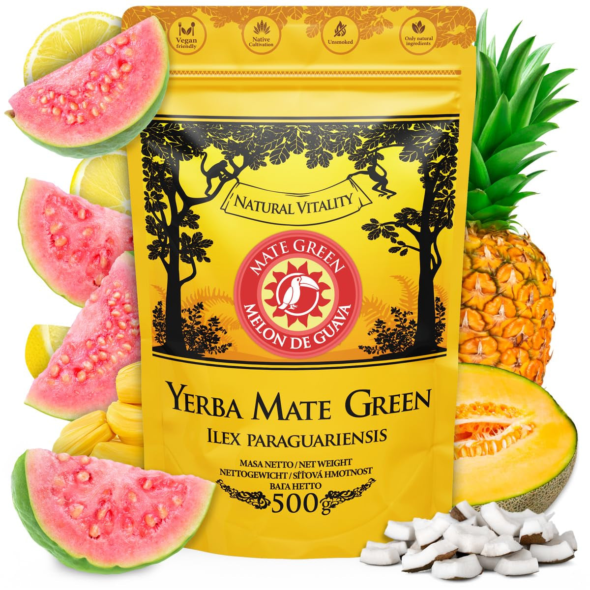 Yerba Melon De Guava 500G – Brasilianischer Yerba Mate Tee mit Melone, Guave, Jackfrucht, Ananas und Kokosnuss – Exotisch und fruchtig – Luftgetrocknet, vegan