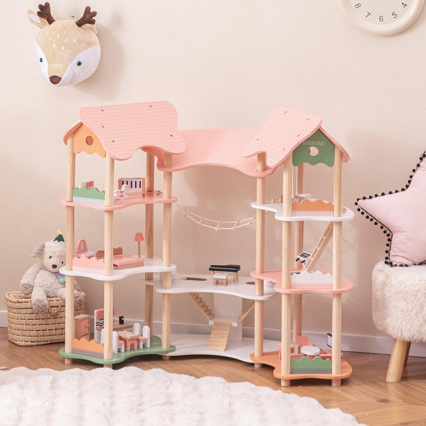 FANTASK Puppenhaus aus Holz, 85 cm hoch, 7-Zimmer-Puppenhaus mit 32 Möbeln und Zubehör, Puppenhaus mit Strickleiter, Puppenhaus-Geschenk für 3-jährige Mädchen (Modell 3) Naty Shop Puppenhäuser