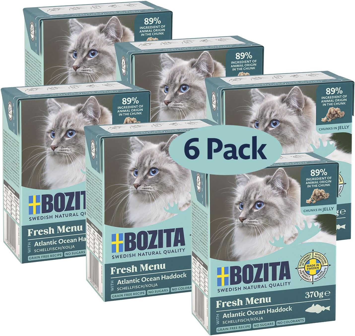 Bozita Tetra Nassfutter mit Schellfisch in Gelee – 6 x 370 g getreidefrei, ohne Zuckerzusatz und gentechnikfreies Katzenfutter – ausgewogen, lecker, mit 7,5 % Protein und 5 % Fett
