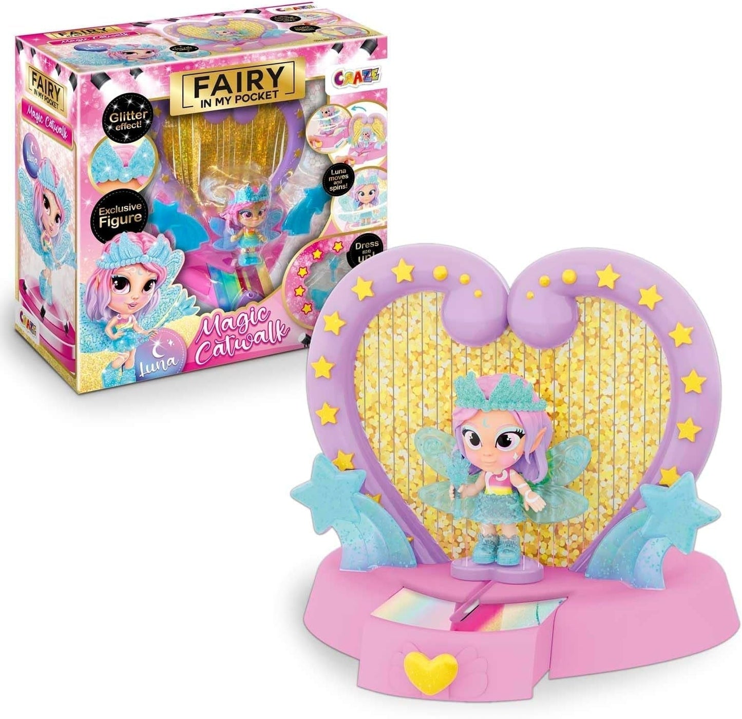 CRAZE Fee in meiner Tasche | Feenpuppe mit Flügeln, sammelbares Feenspielzeug mit Spezialeffekten wie Glitzer, Leuchten im Dunkeln und Farbwechsel. Puppen Naty Shop Fairy Magic Catwalk-Spielset