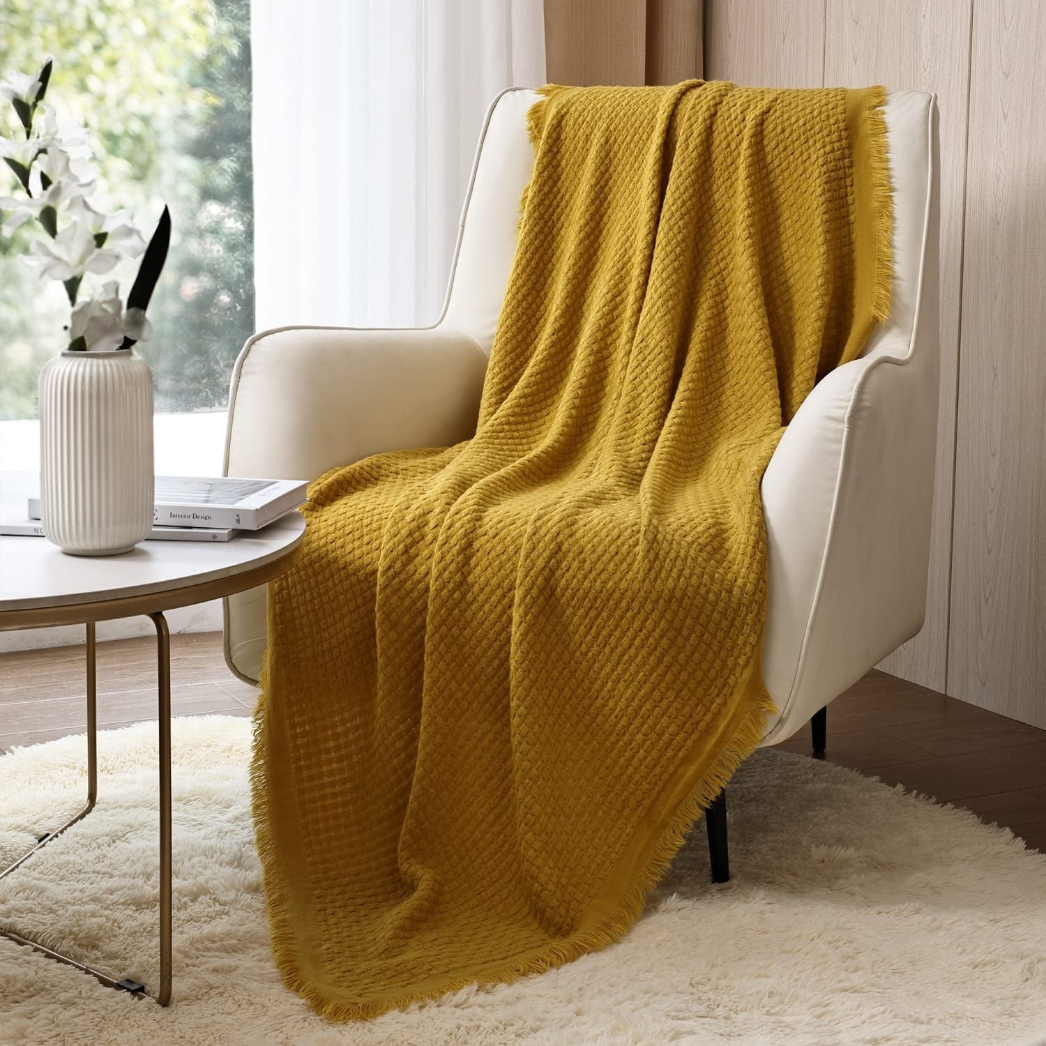 CREVENT Rost-Strickdecke für Couch, Couch, Stuhl, Bett, Heimdekoration, weich, warm, gemütlich, leicht, Frühling, Sommer, Herbst (127,8 x 152,4 cm, Karamell/Braun/Gebranntes Orange). CREVENT Betten und Decken, Gelb