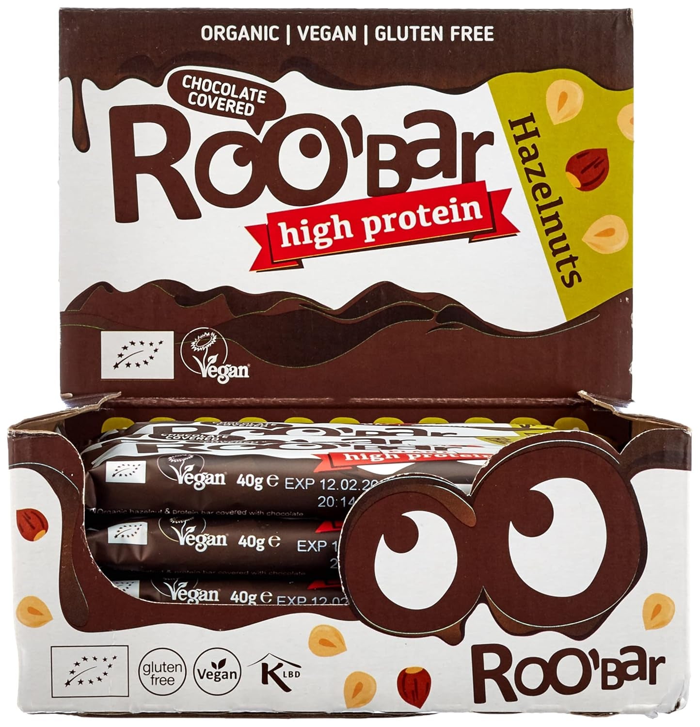 Proteinreiche, mit Schokolade glasierte Haselnussriegel – 100 % biologisch, vegan, Fruchtriegel, frei von Milchprodukten, glutenfrei, frei von raffiniertem Zucker – 16 Riegel x 40 g