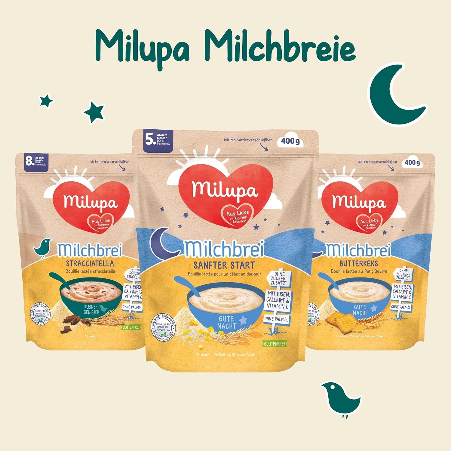 Milchbrei Milupa Gentle Start – Cerealien für Babys ohne Gluten, ohne Palmöl – Ohne Konservierungs- und Farbstoffe – Ab 5 Monaten – 4 x 400 g