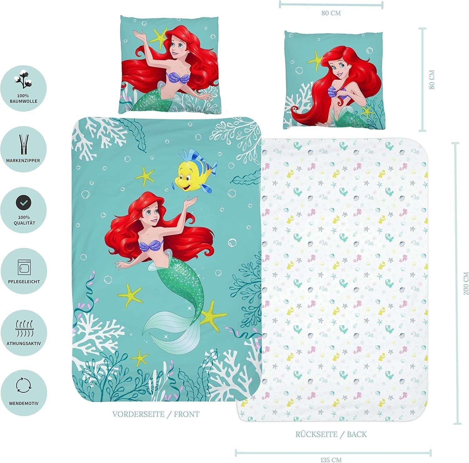 Arielle Meerjungfrau Bettbezug Bettbezug 135X200 80X80 Baumwolle · Kinderbettwäsche Für Mädchen Disney Prinzessin Meerjungfrau · 2 Teilig Naty Shop
