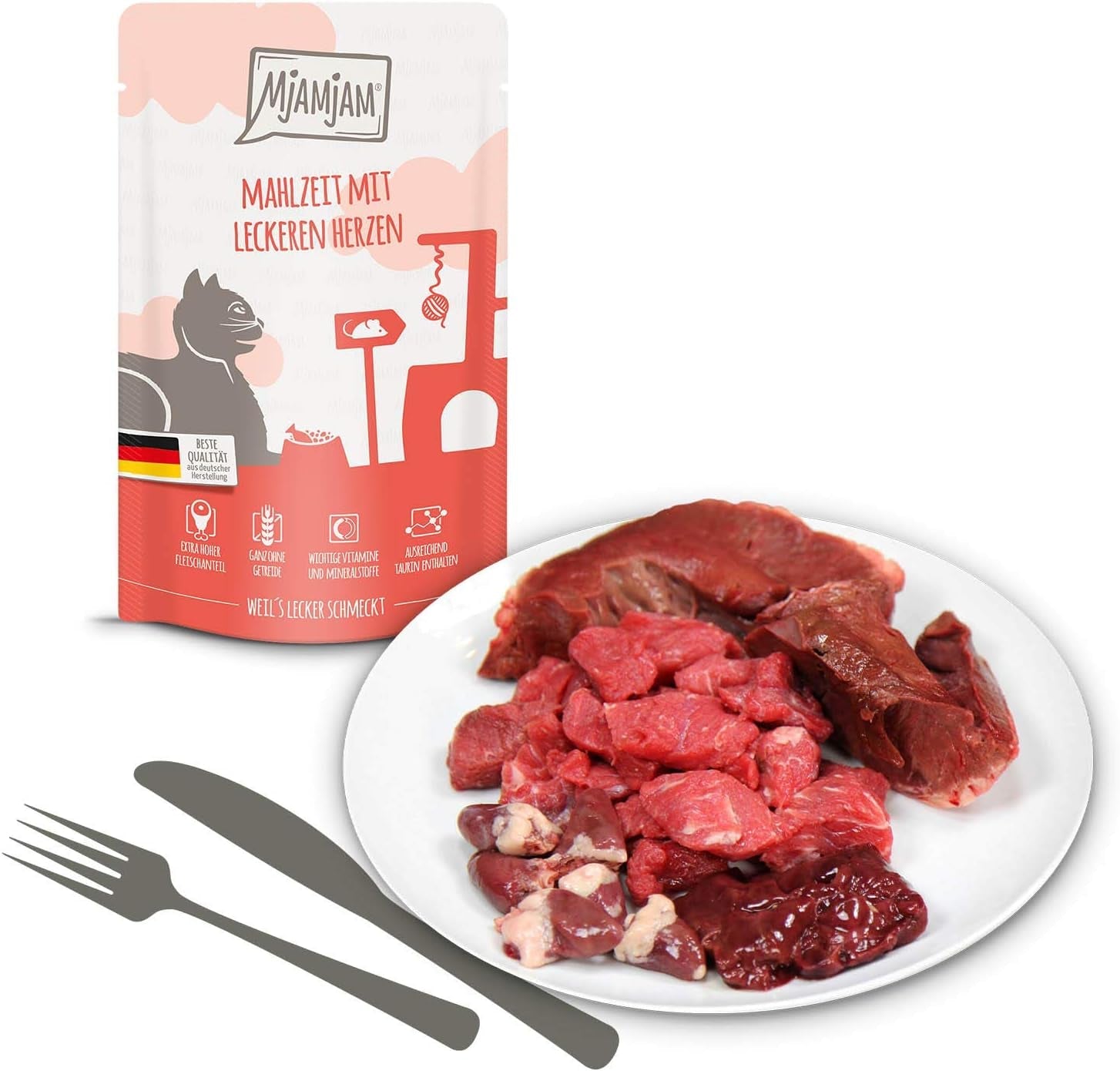 MjAMjAM – Premium-Nassfutter für Katzen – Mischpackung I – Huhn, Rind, Herzen, 12er-Pack (12 x 125 g), getreidefrei mit extra Fleisch