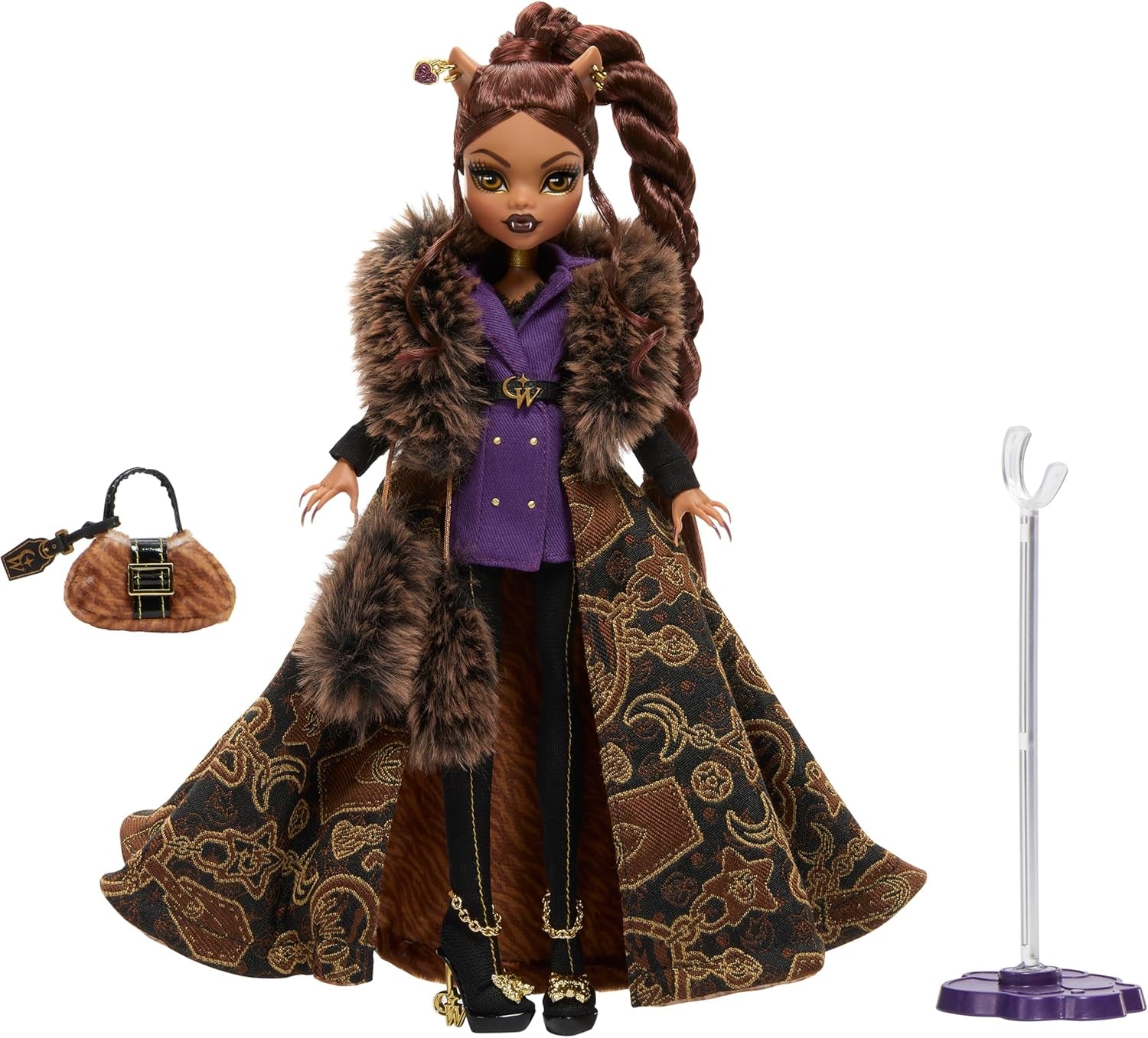 Monster High Doll House of Wolves Clawdeen Wolf Sammelfigur mit Kunstpelz-Jacquard-Mantel, lila Jacke, Kleid, goldenen Hosen und Accessoires JDR66