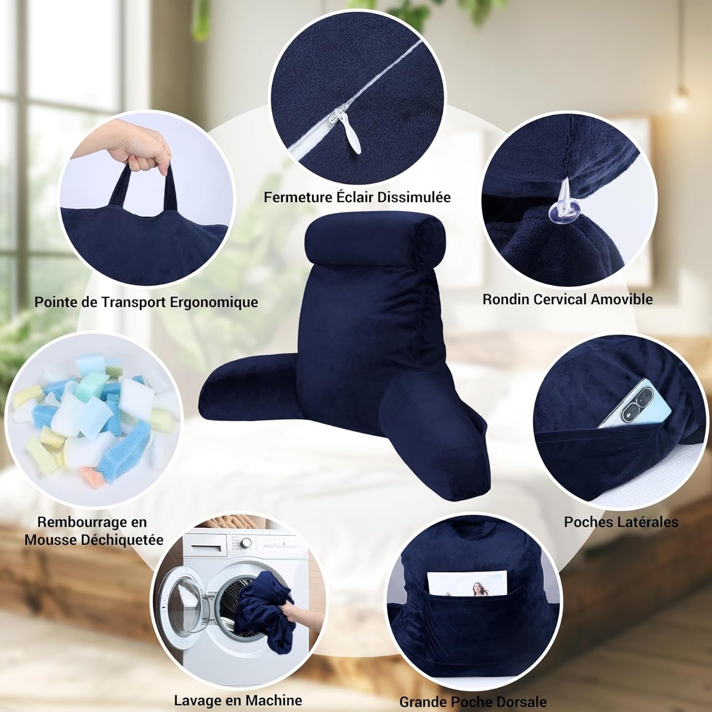 INFANZIA Lesekissen mit Armlehnen, Memory-Schaum, ergonomische Unterstützung für Sofa und Bett, Marineblau