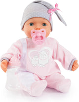 Bayer Design 93829AA My Piccolina interaktive Puppe mit Funktion, Sprechende Puppe, Beweglicher Mund, 38 cm, Schnuller, Babyflasche, Rosa, Grau