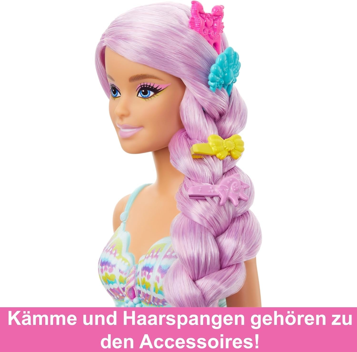 Barbie-Meerjungfrau-Puppe – mit langen rosa Haaren und individuellen Styling-Accessoires, einschließlich Bürste, hübscher Muschelspitze und rosa Schwanzflosse, ab 3 Jahren, 00 HRR