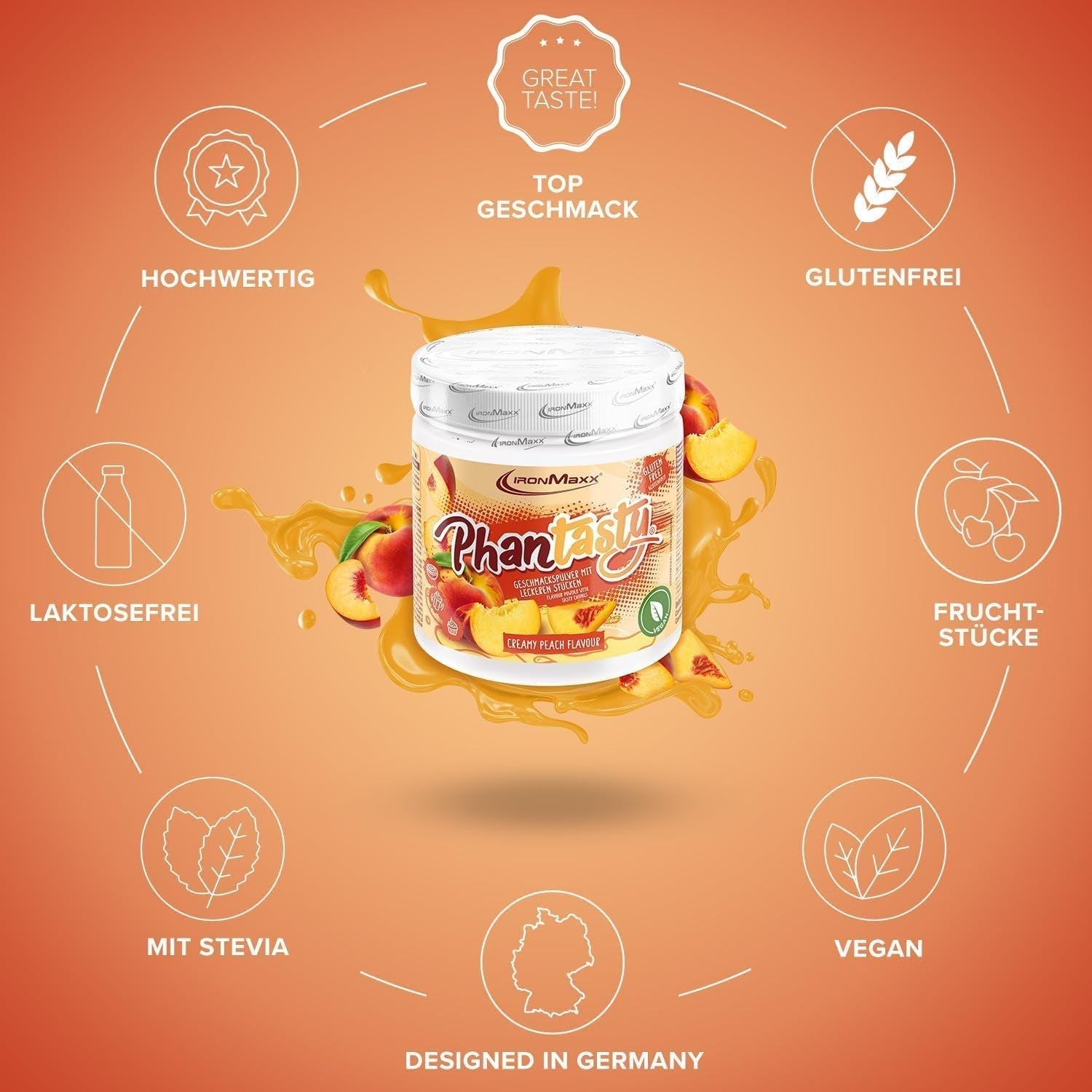 Ironmaxx Phantasty - Cremiger Pfirsich 250G Dosis | Veganes Geschmackspulver mit echten Frucht- oder Nussstückchen | Perfekter Zuckerersatz Sweeteners Naty Shop