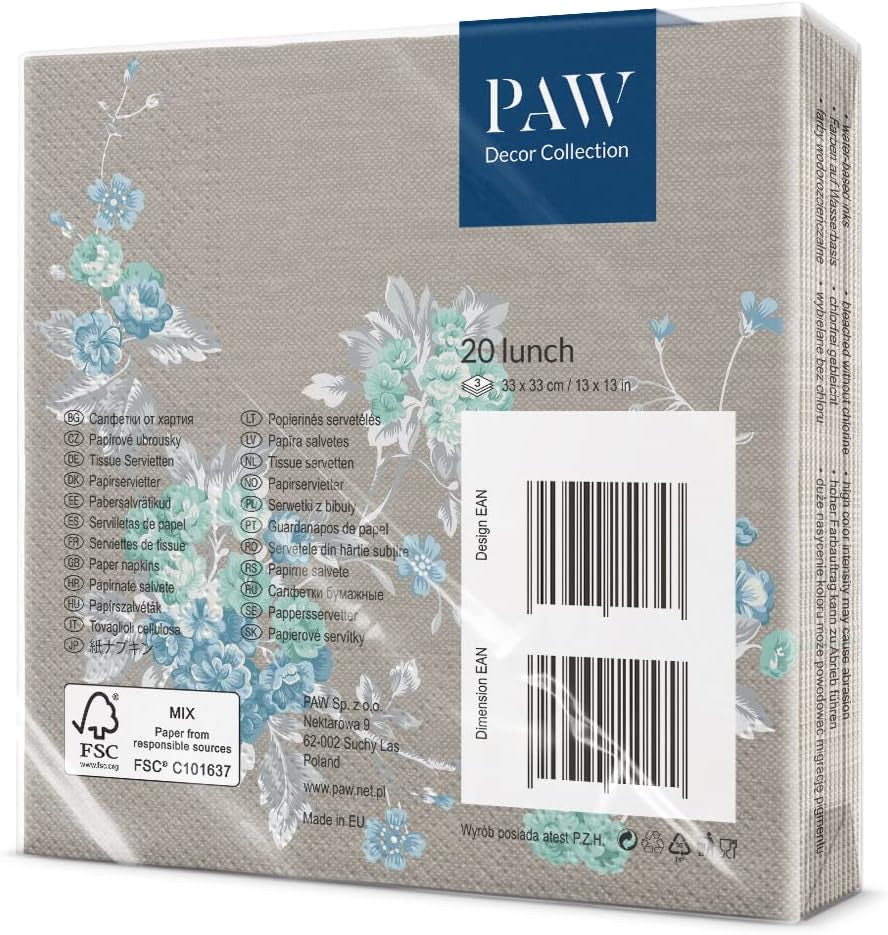 PAW – 3-lagige Servietten (33 x 33 cm) I 20 Stück I Perfekt für Geburtstage, Partys, Hochzeiten, Kommunionen und Feiertage I Bunte Papierservietten – elegante Blumen I Farbe: Friedlicher Garten