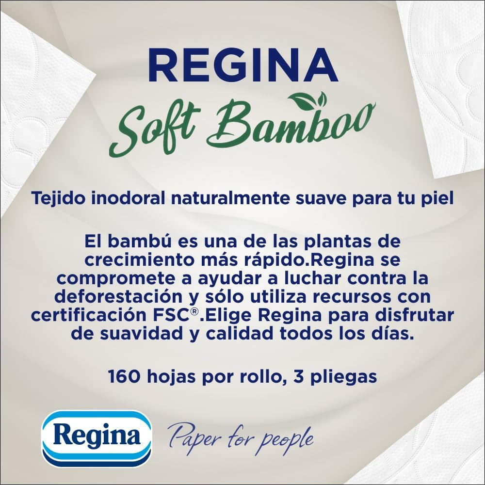Regina Toilettenpapier aus weichem Bambus, 40 Rollen, 3 Schichten, 160 Blatt, natürliche Weichheit für Ihre Haut, Toilettenpapier aus Bambusfaser, Papierverpackung, FSC-Zertifikat