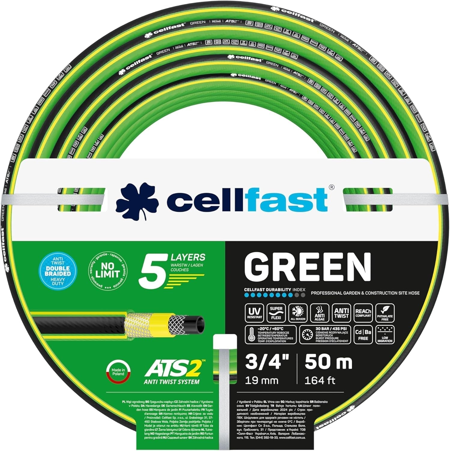CELLFAST Gartenschlauch, 5-lagiger Wasserschlauch, doppelt geflochten, grenzüberschreitender Bewässerungsschlauch, UV-beständig, Anti-Algen, flexibel, 30 bar, 3,4 Zoll, 50 Meter, Grün