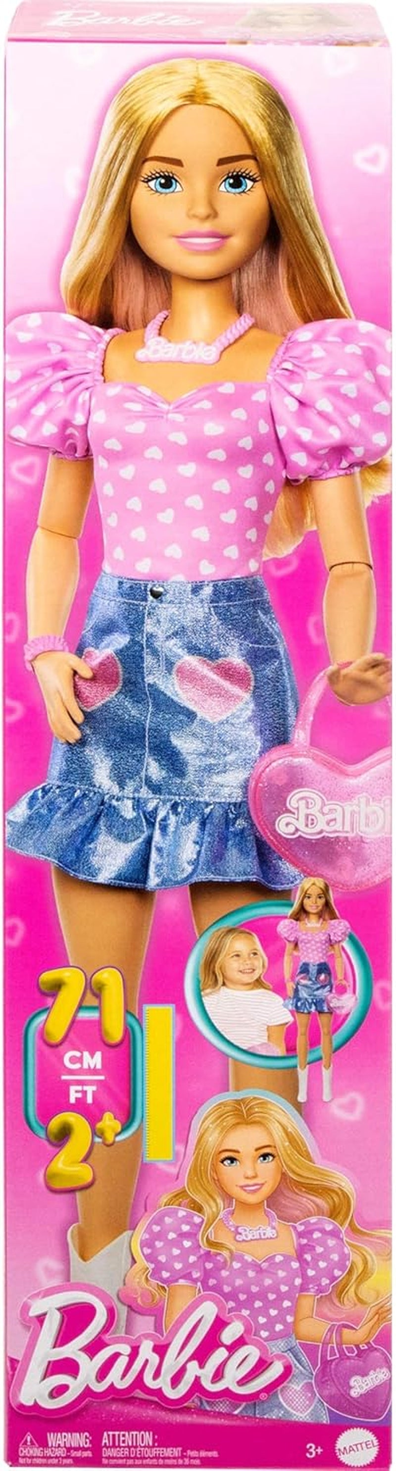 Modische Barbie-Puppe, 71 cm, blond, mit abnehmbarer Kleidung, rosa Oberteil, Jeansrock, Cowboystiefeln, Halskette und Handtasche HYT84
