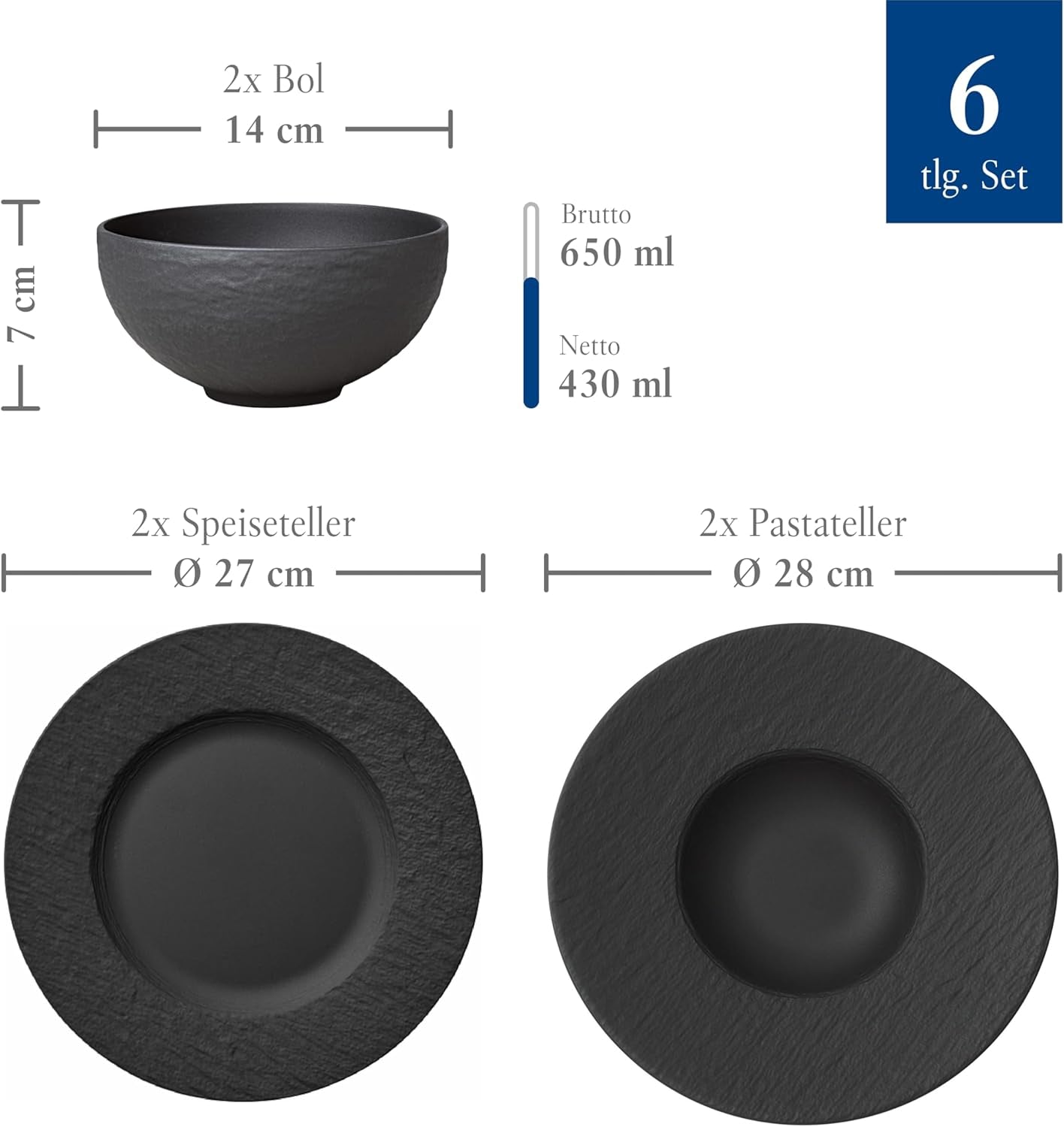Villeroy & Boch Manufacture Rock Starter-Set, 6-teilig, schwarz, spülmaschinenfest, mikrowellengeeignet, mattschwarzes Geschirrset, Geschirr, Besteck, Premium-Porzellan