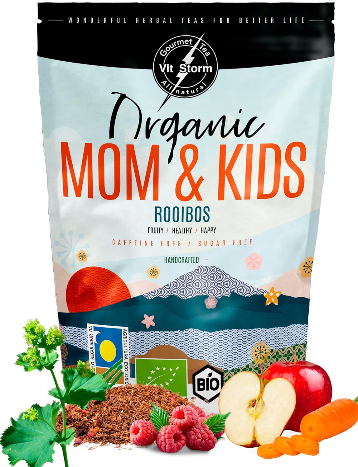VITSTORM® BIO TEE Mom & Kids – Tee für Frauen und Stillende – Rooibos, Apfel, Fenchel, Zitronenmelisse, Alchemilla, Erdbeere – Entspannender Tee – Fruchtig und lecker – Koffeinfrei – Kräutertee 100 g