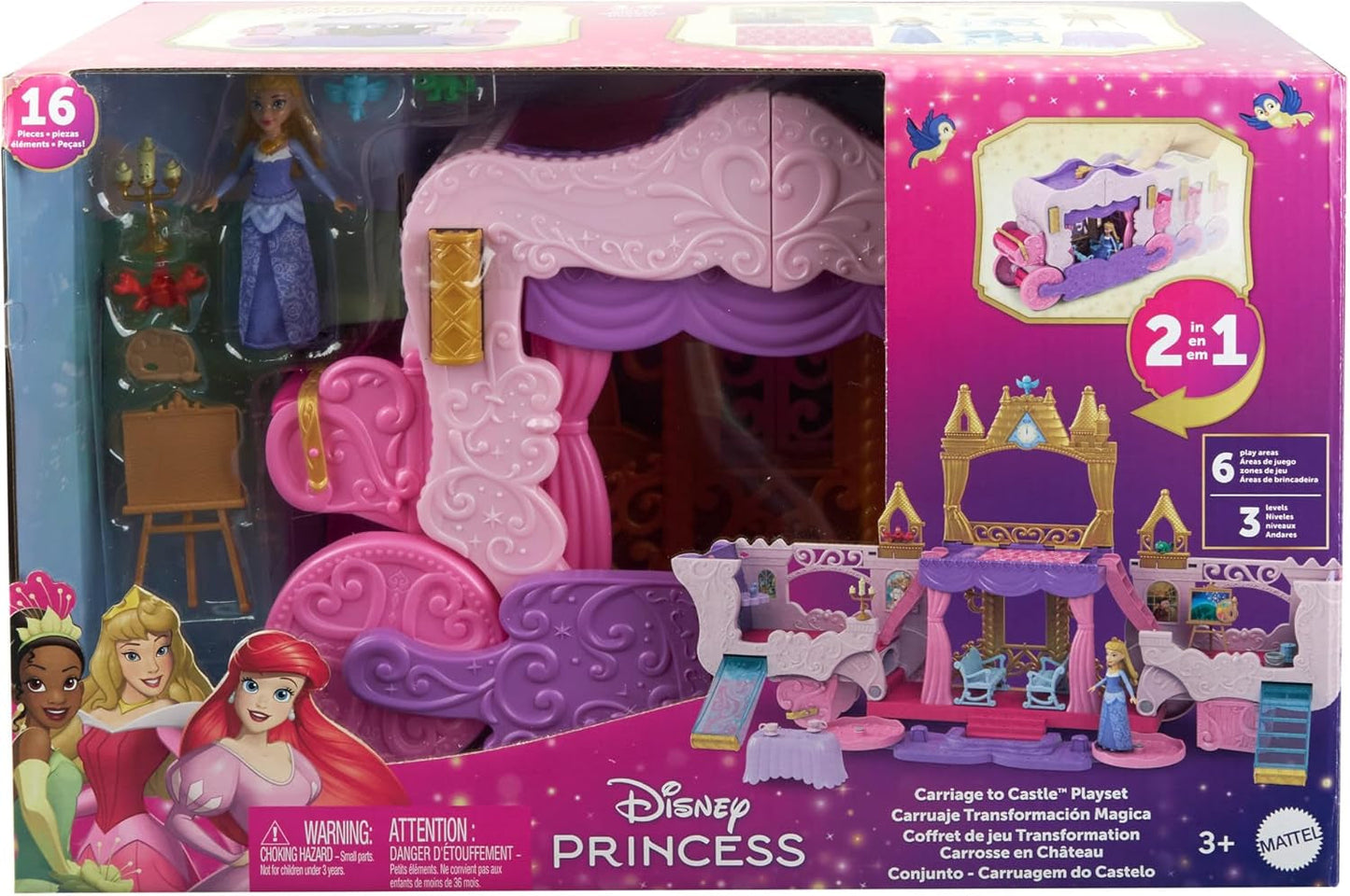 Mattel Disney Princess Verwandlungsspielset „Kutsche zum Schloss“ mit Aurora-Minipuppe, 3 Ebenen, 6 Spielbereiche, 4 Figuren, Möbel und Zubehör HWX17