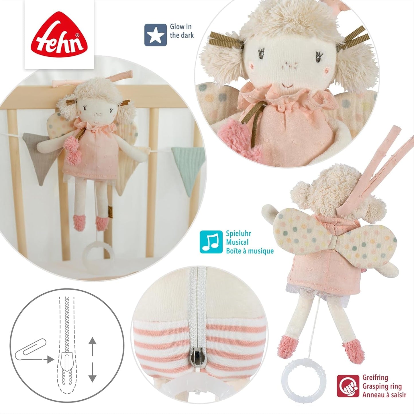 Fehn Mini-Spieluhr Fee – Plüschtier und Einschlafhilfe: Aufziehbare Spieluhr mit der sanften Melodie „Schwanensee“ beruhigt in jeder Situation – für Babys und Kleinkinder ab 0+ Monaten Toys Bebe Naty Shop