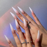 Moonglow Lange Nägel Stiletto Milchweiß Rosa Farbverlauf Glitzer Coole künstliche Nägel mit Kleber Rosa Ombre Glitzer Künstliche Nägel