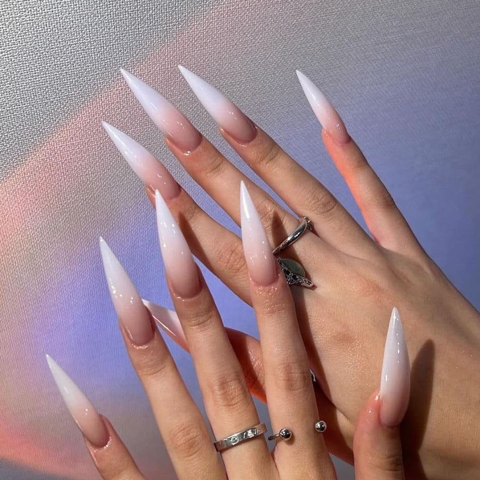 Moonglow Lange Nägel Stiletto Milchweiß Rosa Farbverlauf Glitzer Coole künstliche Nägel mit Kleber Rosa Ombre Glitzer Künstliche Nägel