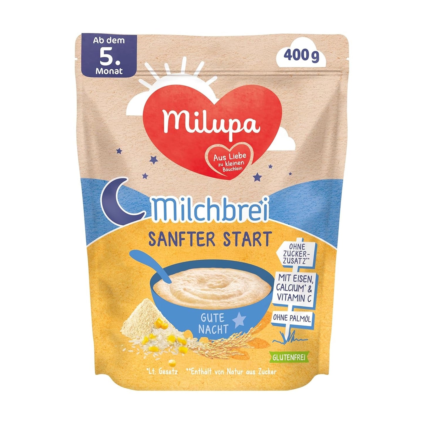 Milchbrei Milupa Gentle Start – Cerealien für Babys ohne Gluten, ohne Palmöl – Ohne Konservierungs- und Farbstoffe – Ab 5 Monaten – 4 x 400 g