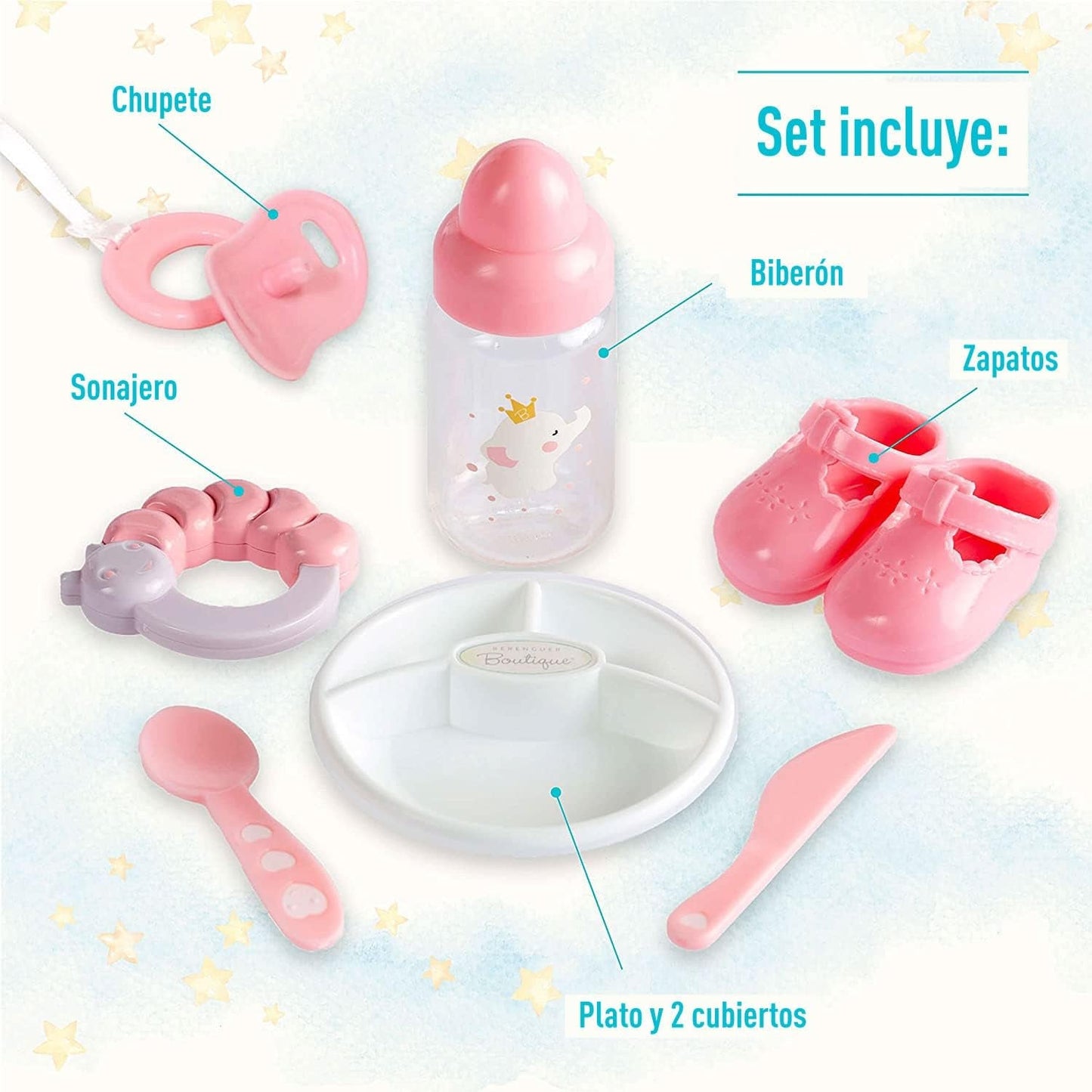 JC Toys – Berenguer Boutique 38 cm weiche, lebensechte Puppe mit offenem/geschlossenem Mund, 10-teiliges Geschenkset, Babyflasche, Rassel, Schnuller und Zubehör, Rosa, ab 2 Jahren