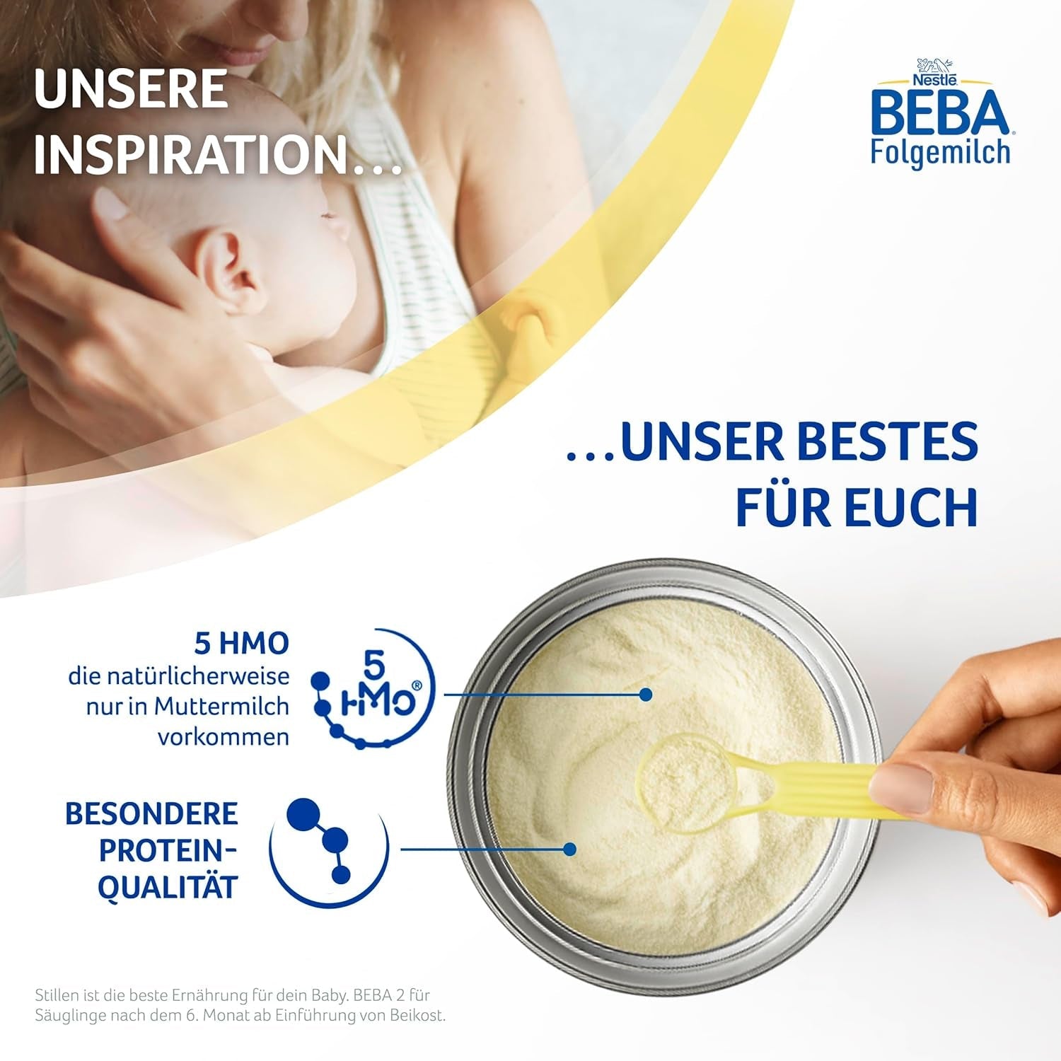 BEBA 2 - Folgemilch nach 6 Monaten, mit 5 HMO-Komplex, altersgerechter Proteingehalt, laktosefrei, palmölfrei, fischölfrei, Babynahrung, Babymilchpulver, 3er Pack (3 x 800g)