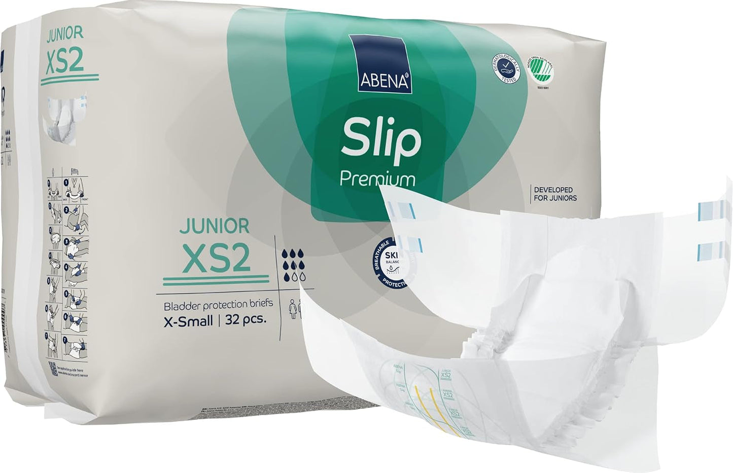 Premium-Slip-Windeln für Junioren, Umweltzeichen, verbesserter Auslaufschutz, sichere und bequeme Babywindeln – Größe 7/XS2, Taillenumfang 40–60 cm, Alter 5–15 Jahre, 1 x 32er-Pack