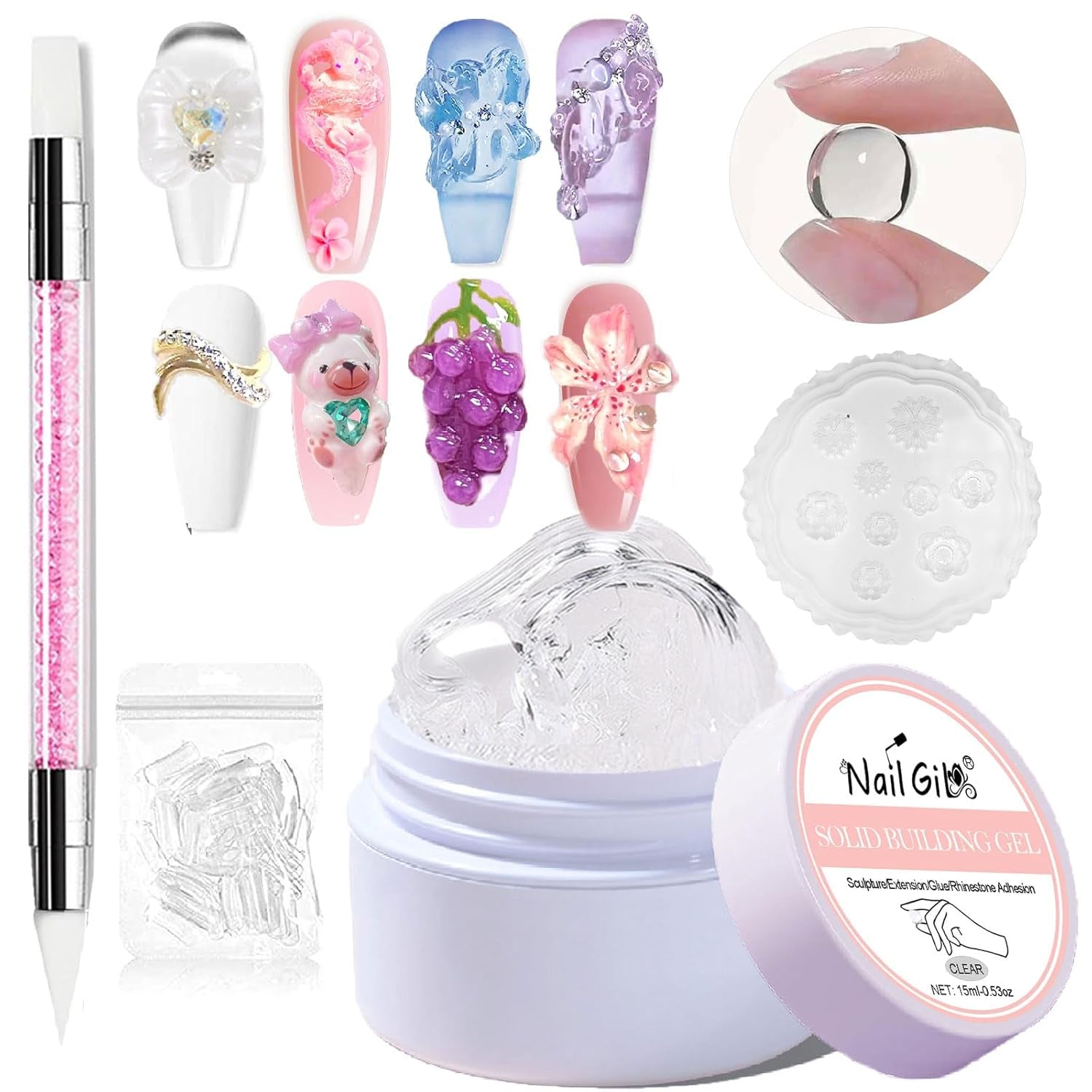 NAILGIL Fester Gel-Nagellack, Fester Gel-Nagelkleber, 3D-Nagelkunst-Skulptur mit Werkzeugset, DIY Home Salon, Transparent 15G
