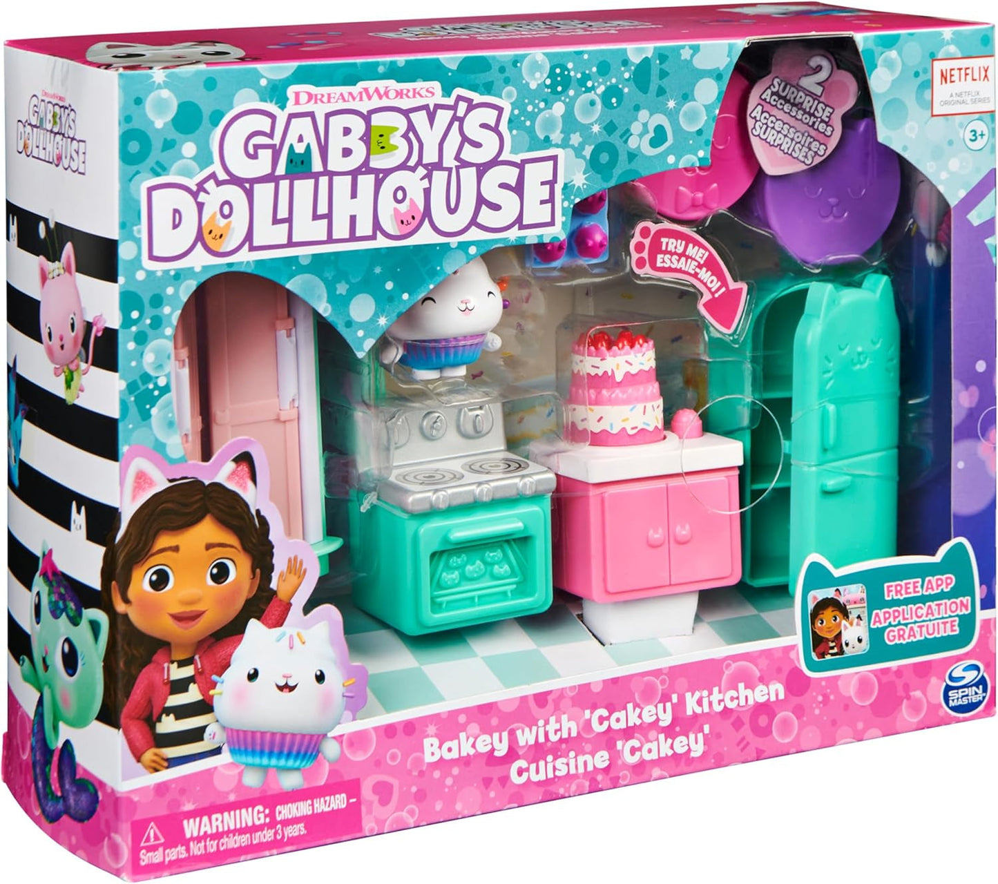 GABBY'S DREAMWORKS PUPPENHAUS – Deluxe-Zimmer, Cakey-Konditorei, Kuchi-Küche (rumänisch: Cakey), 3 Möbelstücke und 2 Überraschungsboxen mit Zubehör, geeignet für Kinder ab 3 Jahren