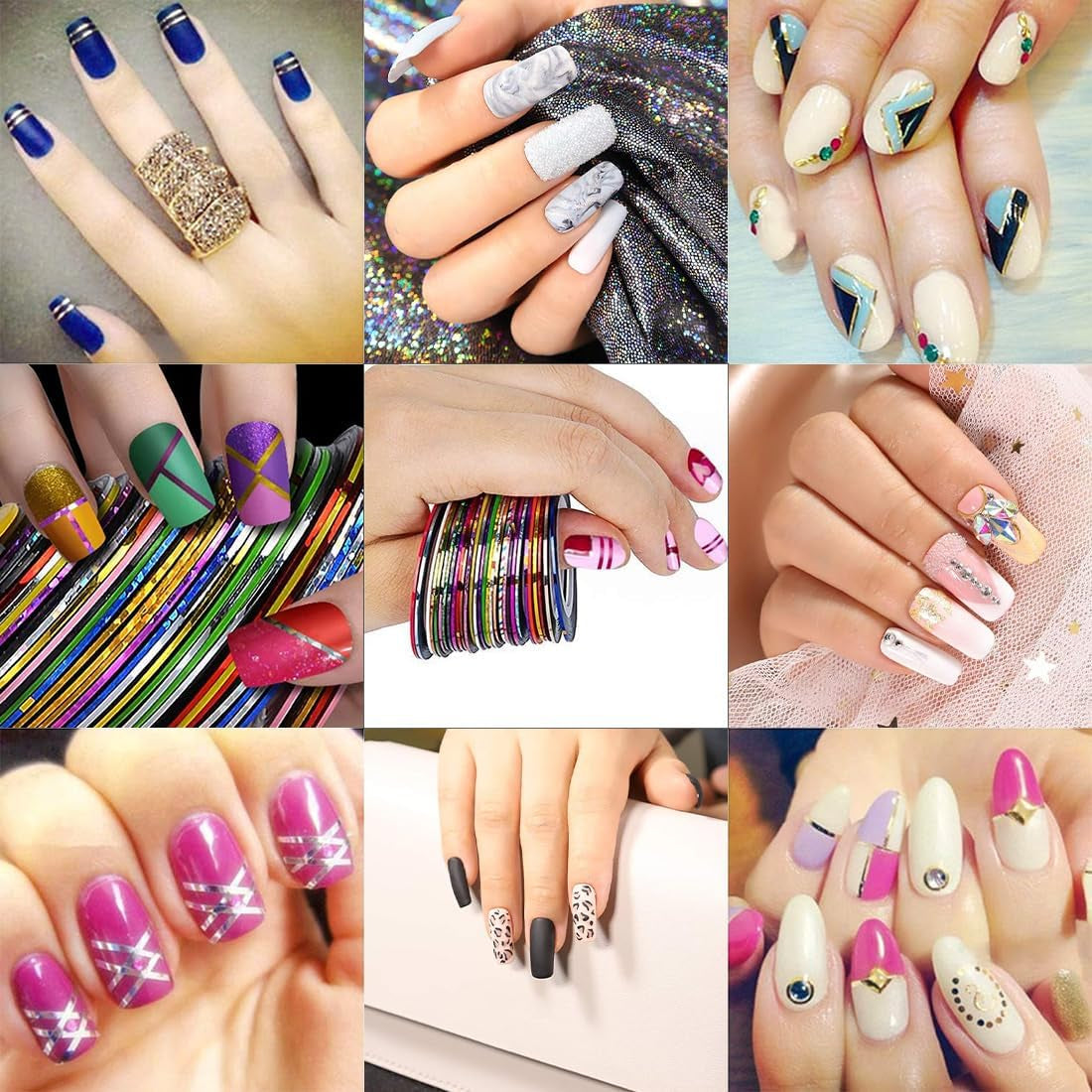 Set mit Nagelaufklebern und Zubehör – 5 Nagelaufkleber, Pinsel, Steine, Zierband, Goldfolie – perfekt für Maniküre und Gelnägel – 50-teiliges Set
