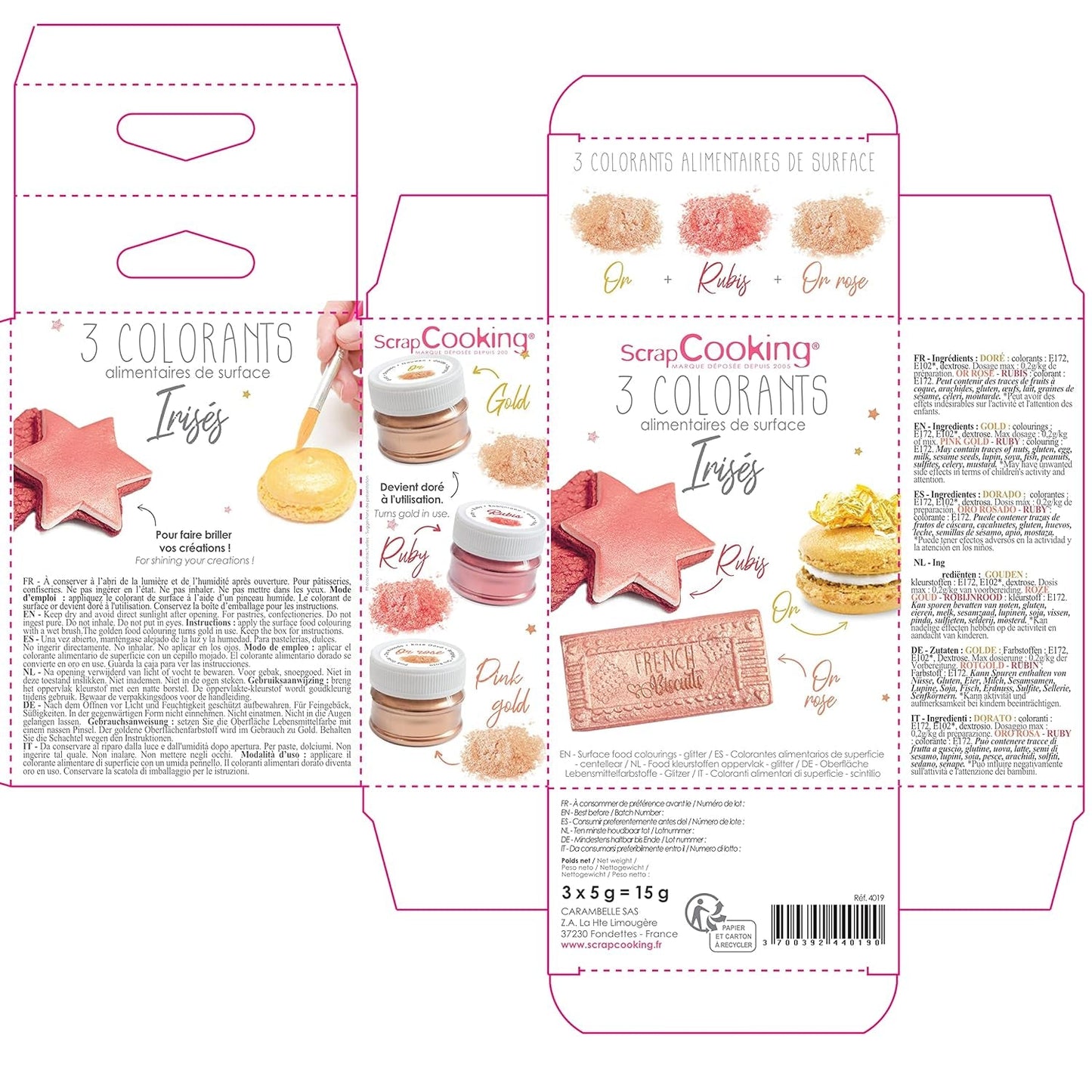 Scrapcooking – Set mit 3 metallischen Lebensmittelfarben – Lebensmittelfarbe: Gold, Roségold und Rubin – essbare Lebensmittelfarbe zum Backen, Kuchen, Kekse, Kuchen, Schokolade – 4019