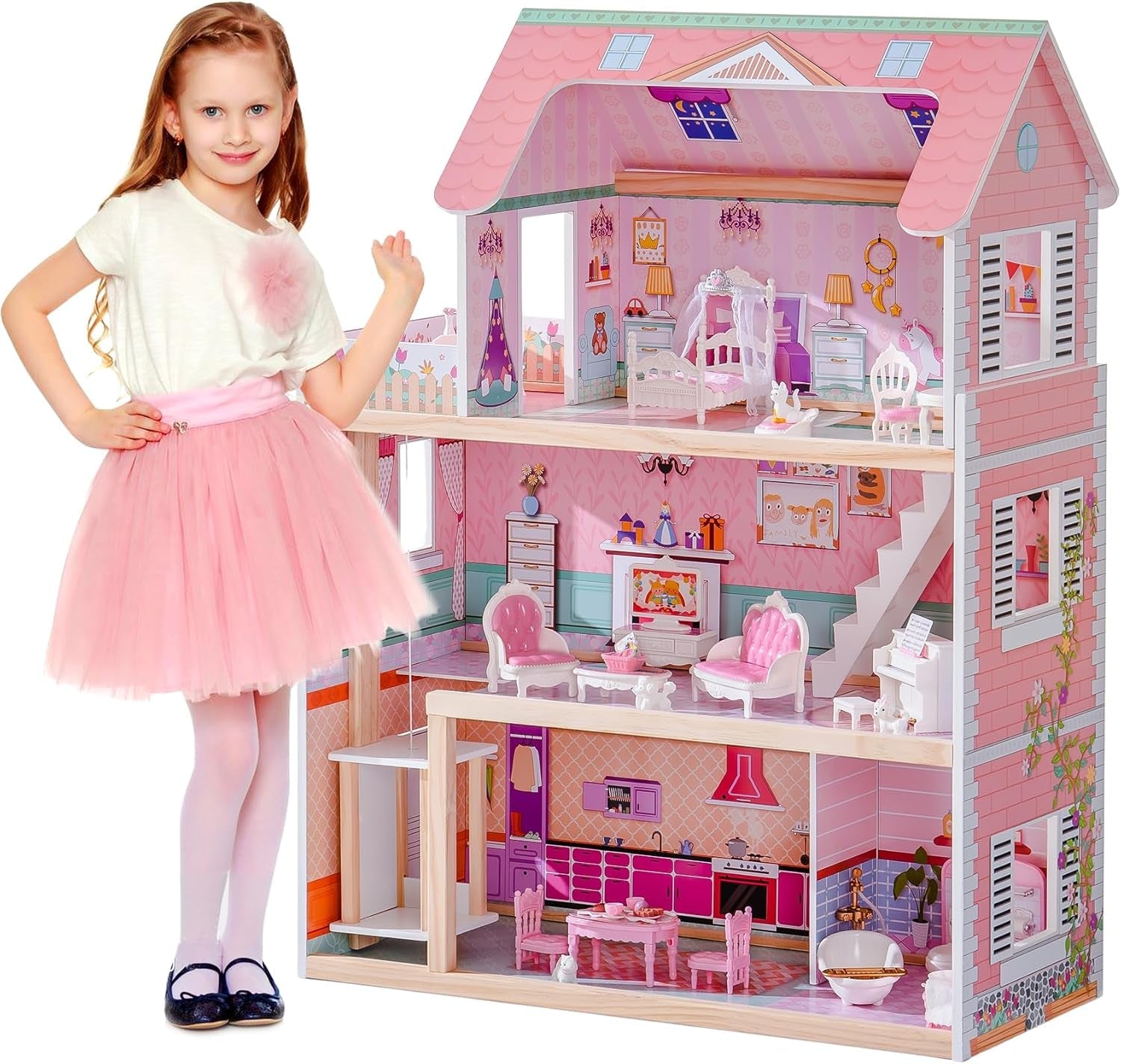 ROBUD Kinder-Puppenhaus aus Holz, Puppenhaus, Spielzeug, Geschenk für Mädchen und Jungen im Alter von 3 4 5 6 Jahren