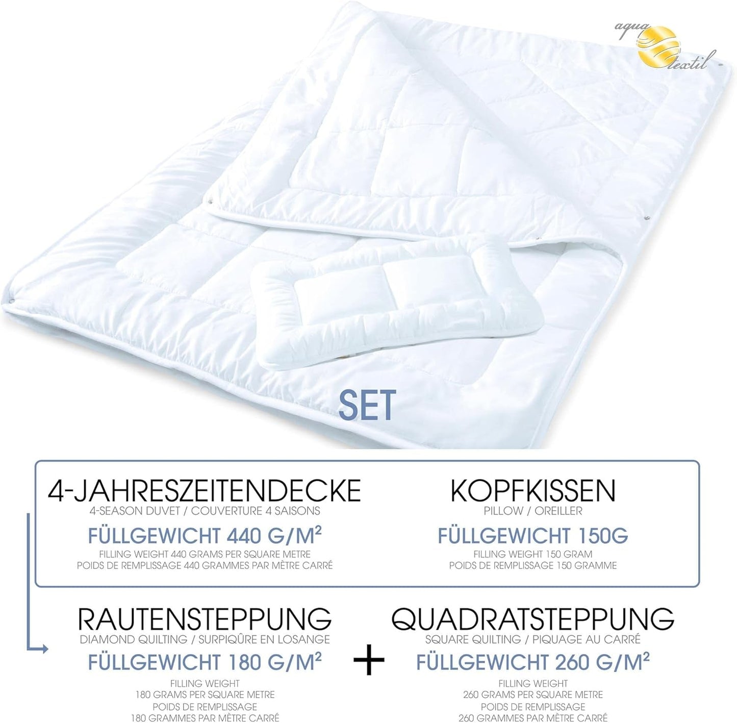 Aqua-Textil Soft-Touch-Set für Kinder, Bettdecke 100 x 135 cm, 250 g und 350 g, mit Kissen 40 x 60 cm, 150 g, Bettdecke 4 Jahreszeiten, Klimakontrolle, Öko-Tex, Bettdecken und Steppdecken, Naty Shop