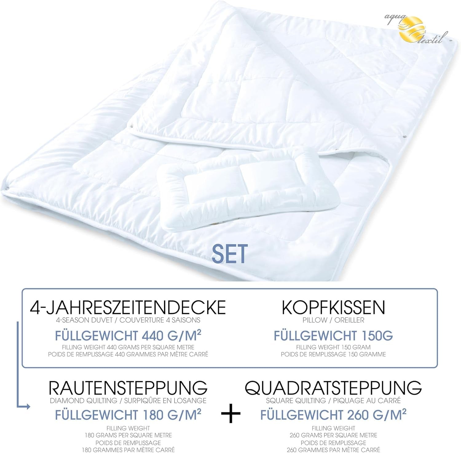 Aqua-Textil Soft-Touch-Set für Kinder, Bettdecke 100 x 135 cm, 250 g und 350 g, mit Kissen 40 x 60 cm, 150 g, Bettdecke 4 Jahreszeiten, Klimakontrolle, Öko-Tex, Bettdecken und Steppdecken, Naty Shop