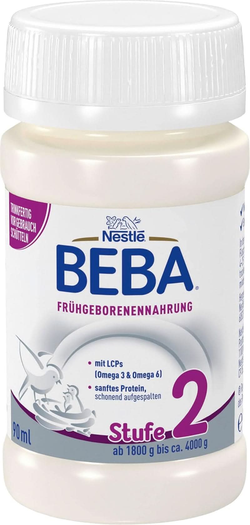 Nahrung für Frühgeborene BEBA Level 2, Spezialnahrung für Frühgeborene und Neugeborene mit geringem Gewicht, trinkfertig, 32er Packung (32 x 90 ml) Naty Shop