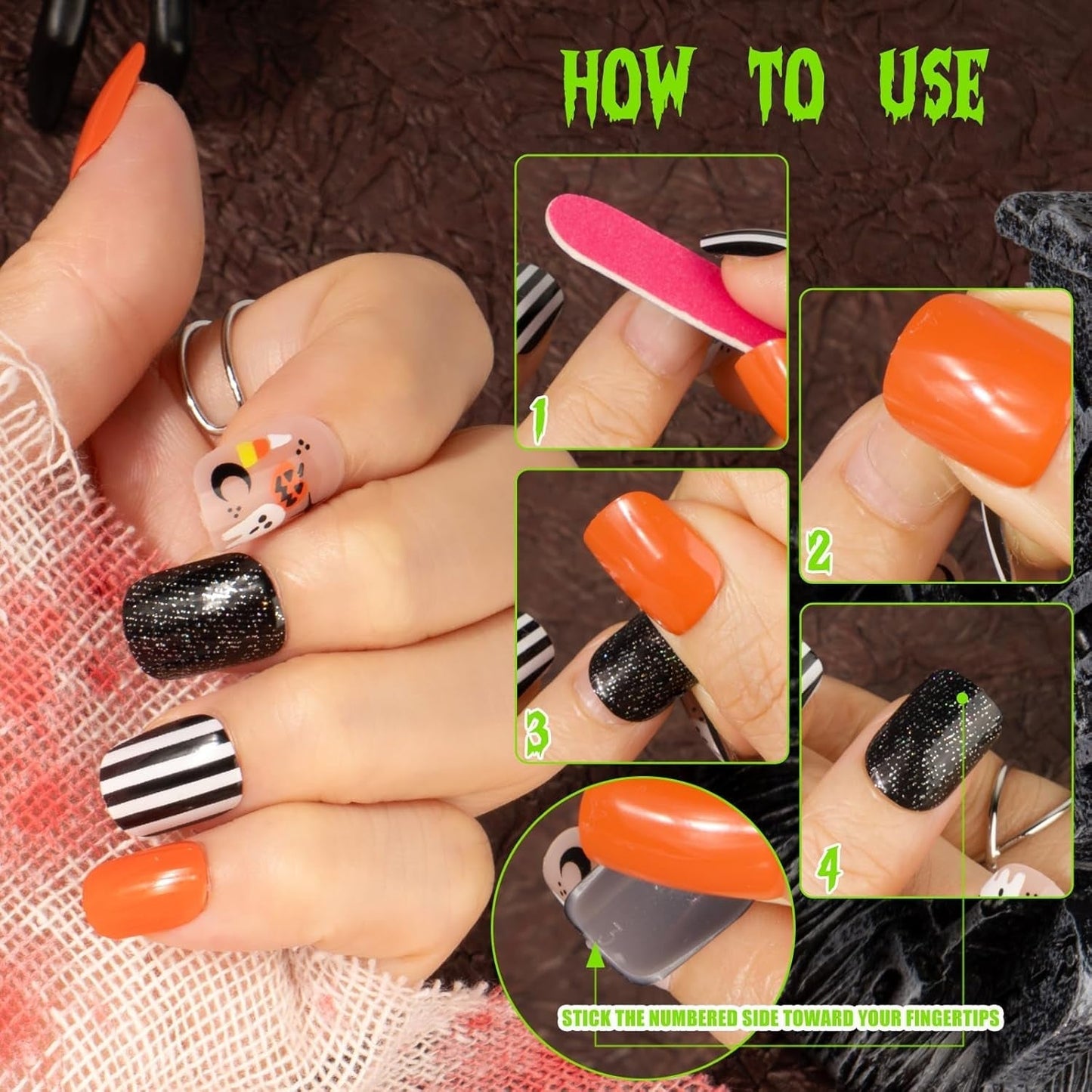 72 Stück Halloween-Nägel, selbstklebende künstliche Nägel, kurze künstliche Nägel, selbstklebende gepresste Nägel, Kürbisgeist, künstliche Nägel, Tipps, Nagelkunst, Orange, Grün, Schwarz