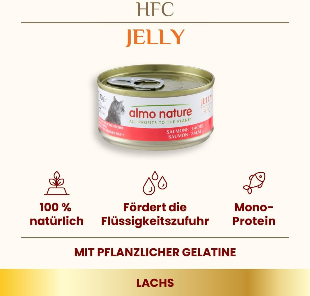 Almo Nature HFC Jelly – Nassfutter für ausgewachsene Katzen – Lachs – Human Grade, Glutenfrei & Monoprotein – 6 x 70 g