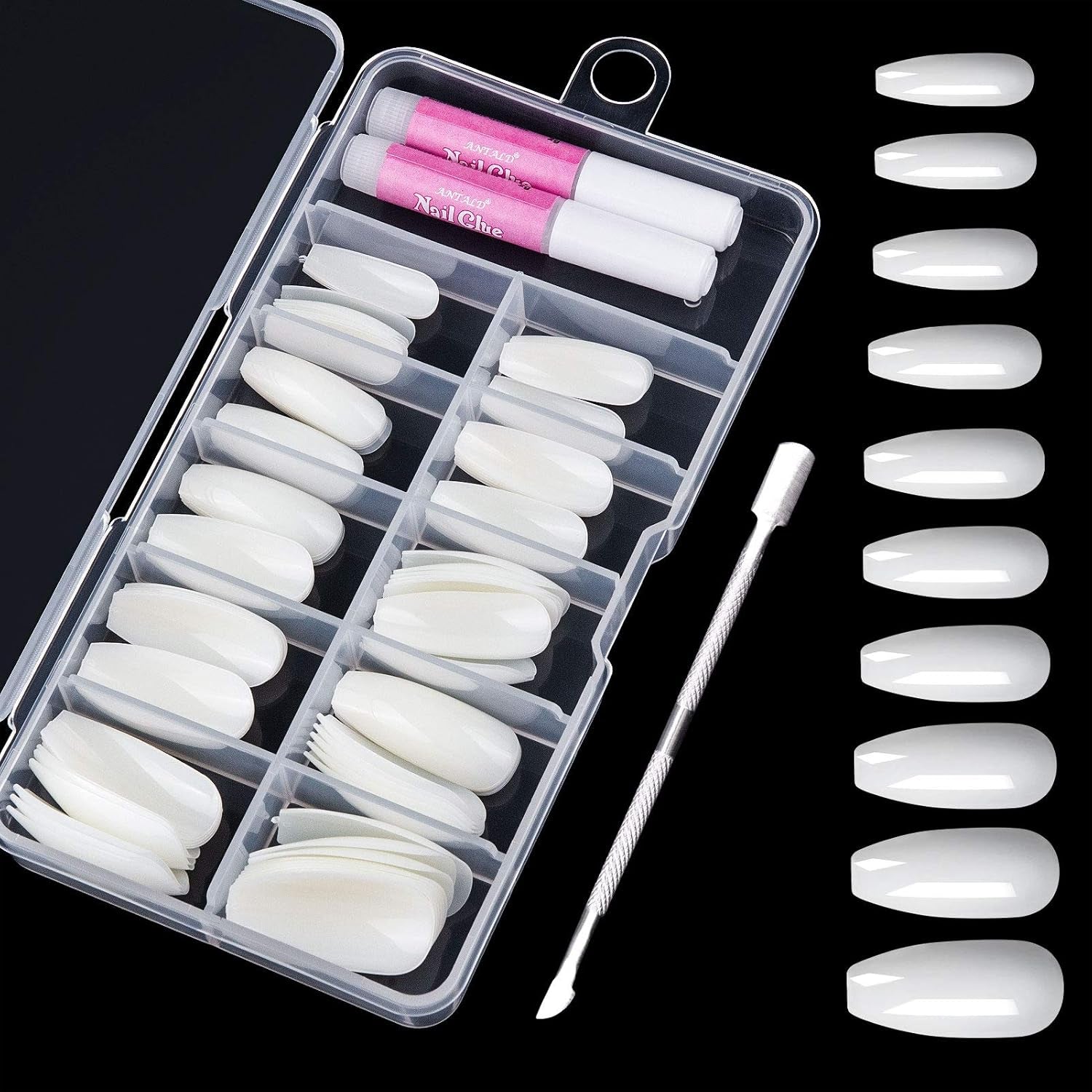 200 Stück künstliche Nagelspitzen, 10 Größen, Acryl, künstliche Nägel mit Nagelhautschieber und transparenter Box für Frauen und Mädchen (natürlich und transparent)